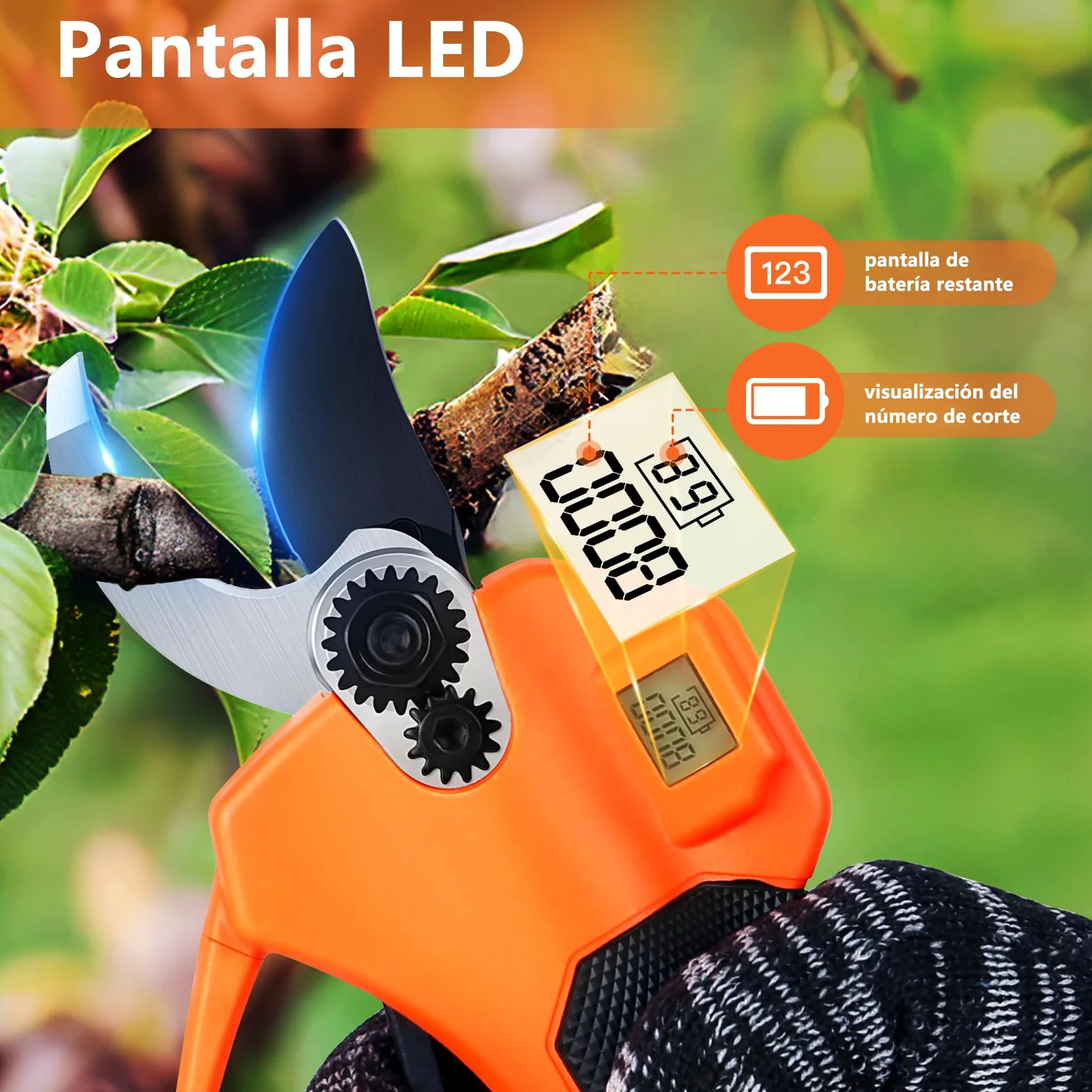 Tijeras de Podar Eléctricas, Profesional Tijeras de Podar con Motor Brushless, LCD Pantalla, 2000 mAh Bateria, SK5 Suchillas, Tijeras de Jardín Eléctricas para Jardinería, Árboles Frutales, Viñedos