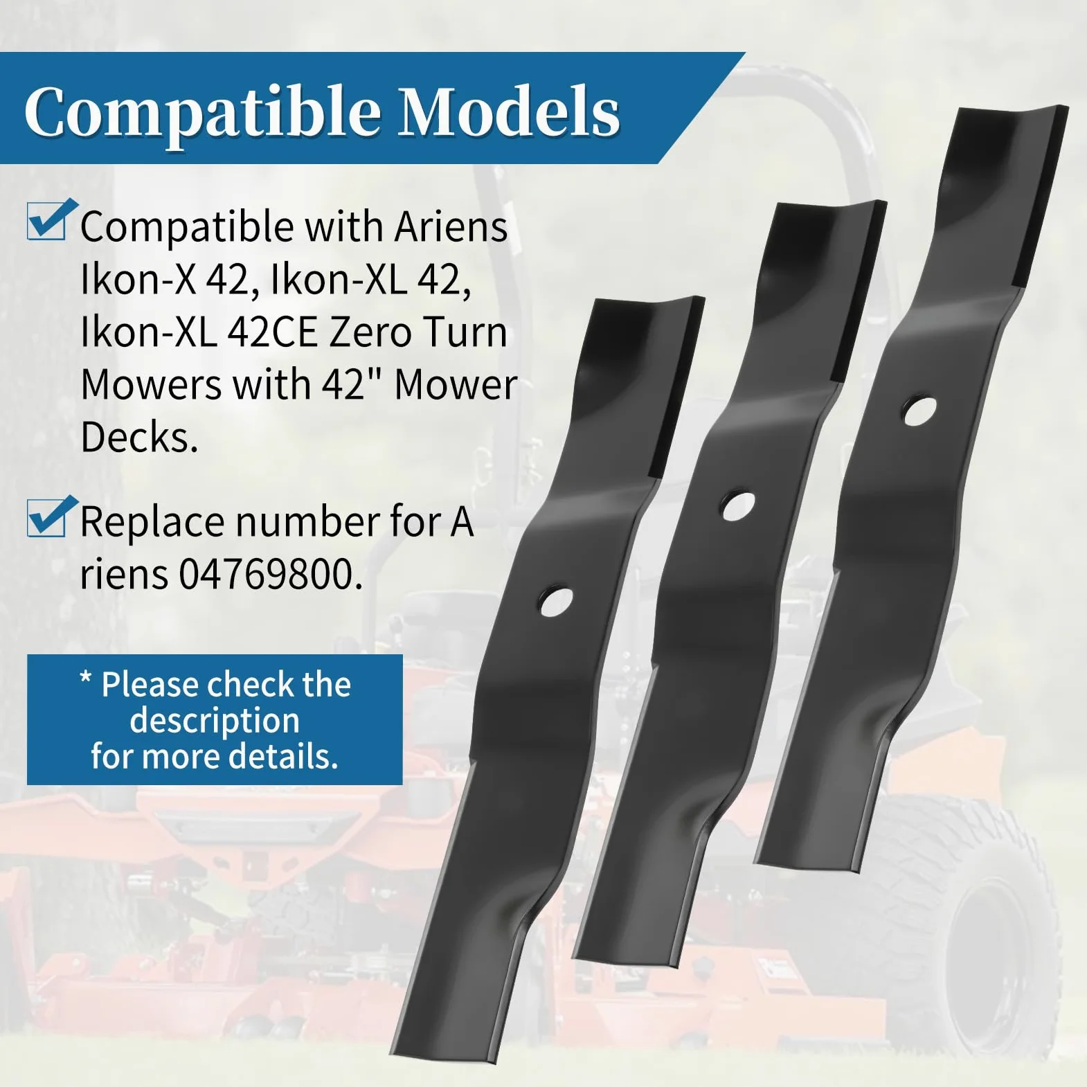 Cuchillas de repuesto 04769800 compatibles con cubiertas de cortacésped Ariens de 42 pulgadas, hoja de cortacésped de elevación media para cortacésped Ikon-X42, Ikon-XL42CE, ZT XL 42 ZTX 42