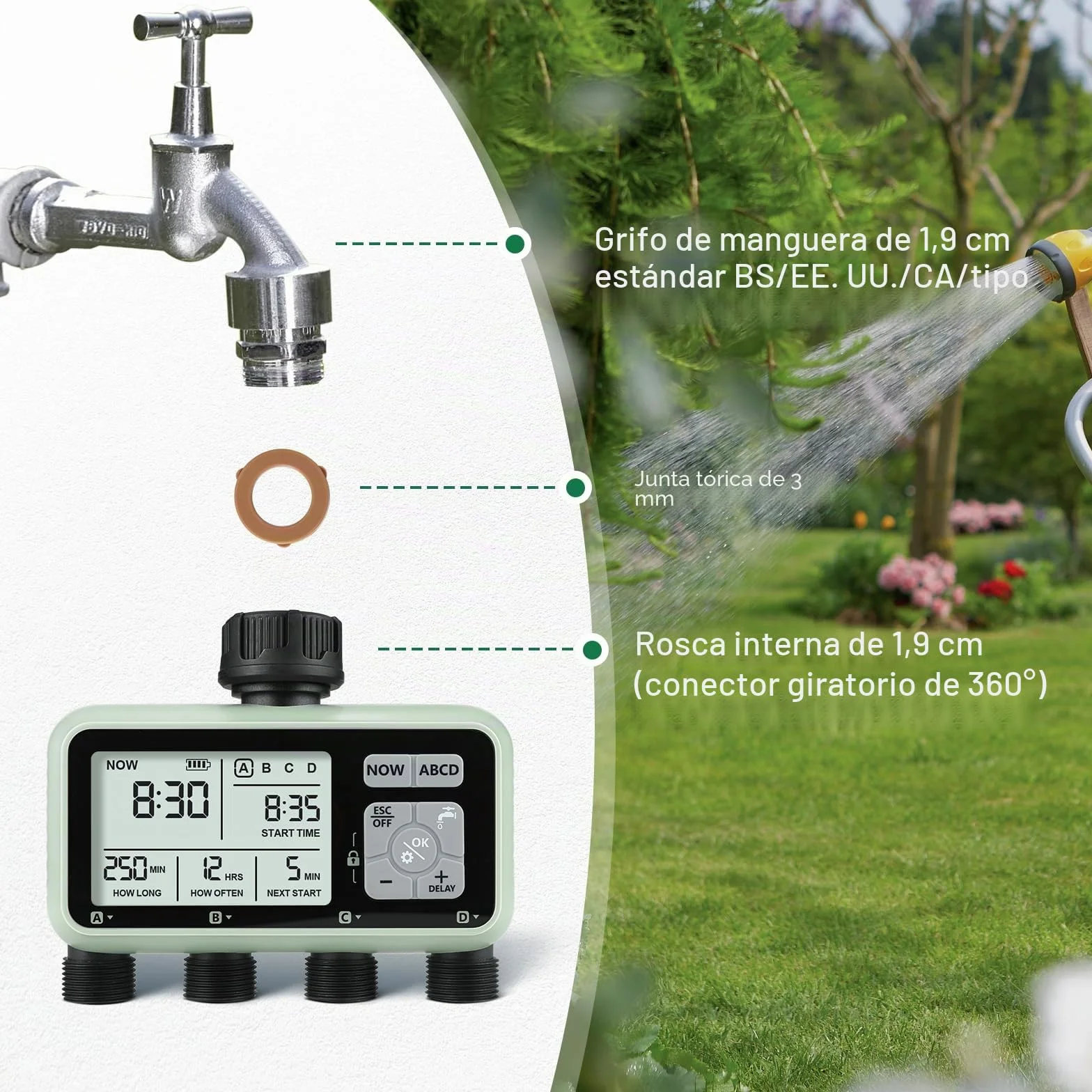 CROSOFMI Programador Riego Automatico Jardin Temporizador Riego con 4 Salidas Independientes Pantalla LCD/Operación fácil/Bloqueo para niños/Retraso por Lluvia intensa/Riego Manual