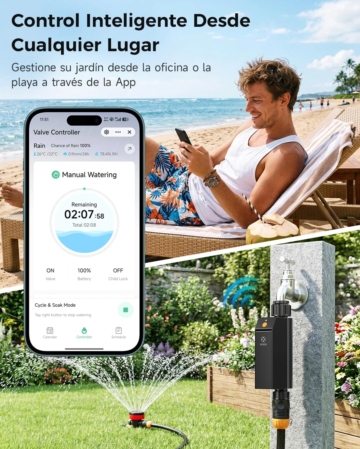 WOOX Programador de Riego WiFi Inteligente 2,4GHz, IP65 Impermeable, App/Control por Voz, Temporizador Automático con Retraso por Lluvia