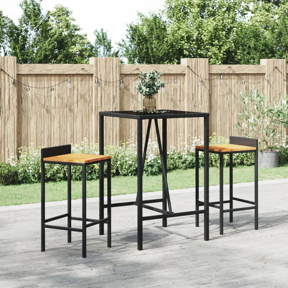 vidaXL Mesa Bar y taburetes jardín 3 pzas Madera Acacia ratán PE Negro, Mesa y taburetes Altos de jardín, Juego de Mesa y taburetes Altos, Muebles de jardín