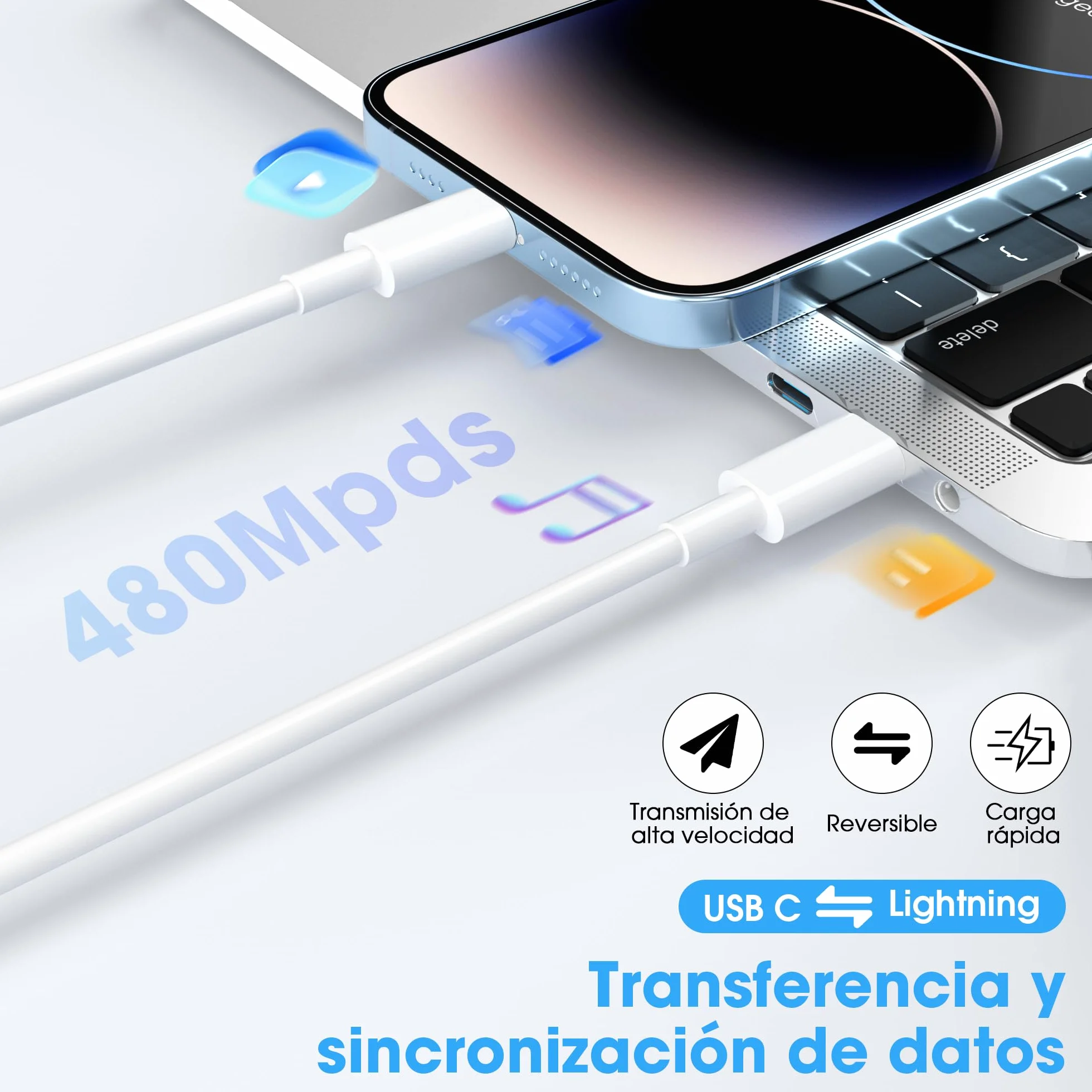 BSTOEM Cable Cargador para iPhone Carga Rápida MFi Certificado 2 Unidades 1M+2M USB-A a Lightning Blanco