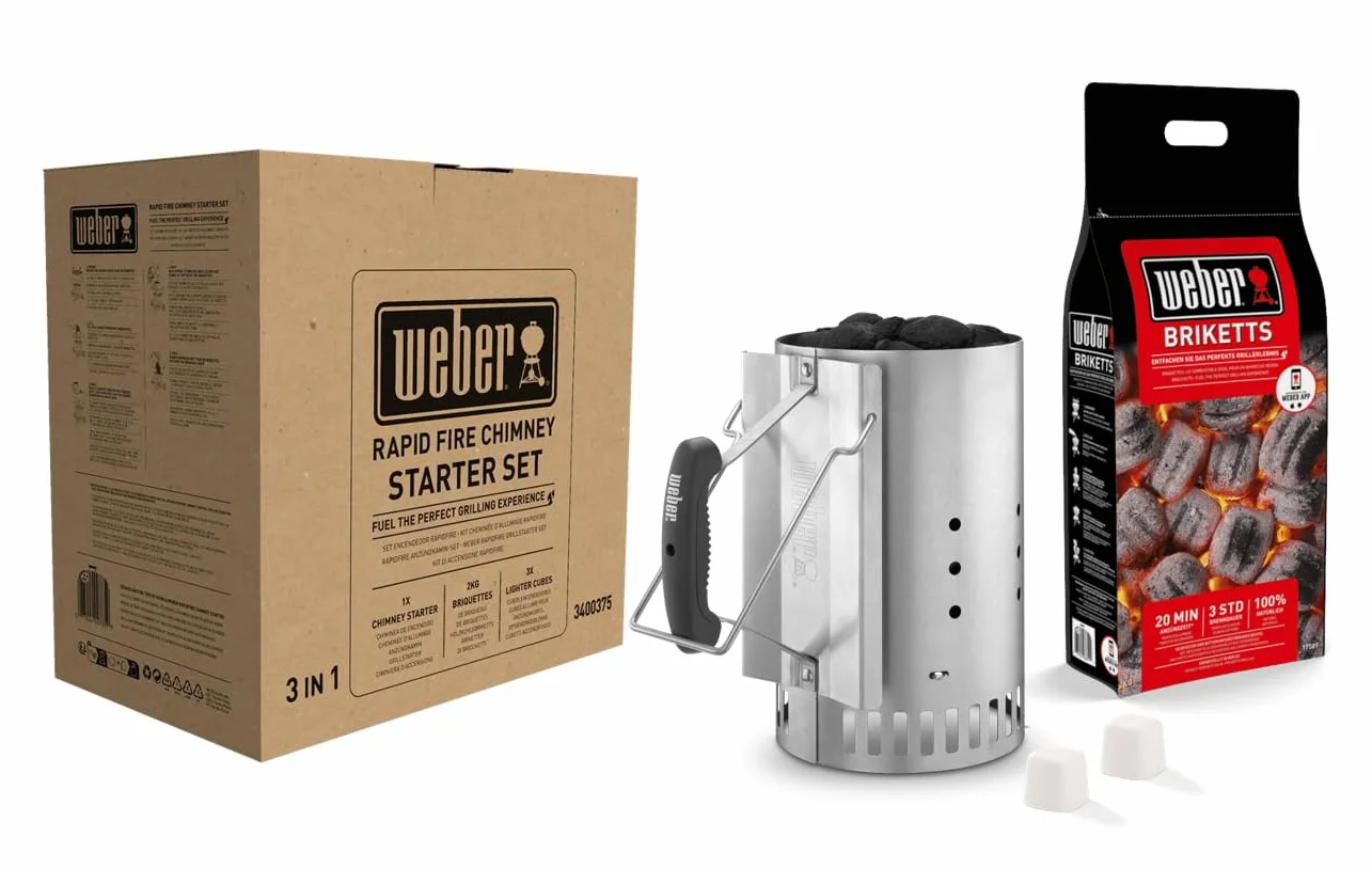 Weber 17631 - Set Chimenea 2 kg de Briquetas + 6 Pastillas de Encendido Blancas, Acero Inoxidable
