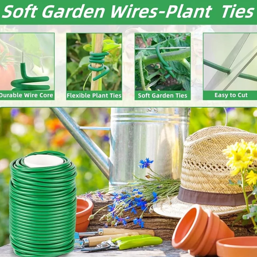 Alambre Plastificado Verde,2 Bobinas Alambre Jardin 3,5mm x 40m,Alambre Para Plantas Lazos,Alambre Para Jardinería Con Cortador,Ldeal Para Atar Rosales Trepadores y Soporte De Plantas En El Jardín