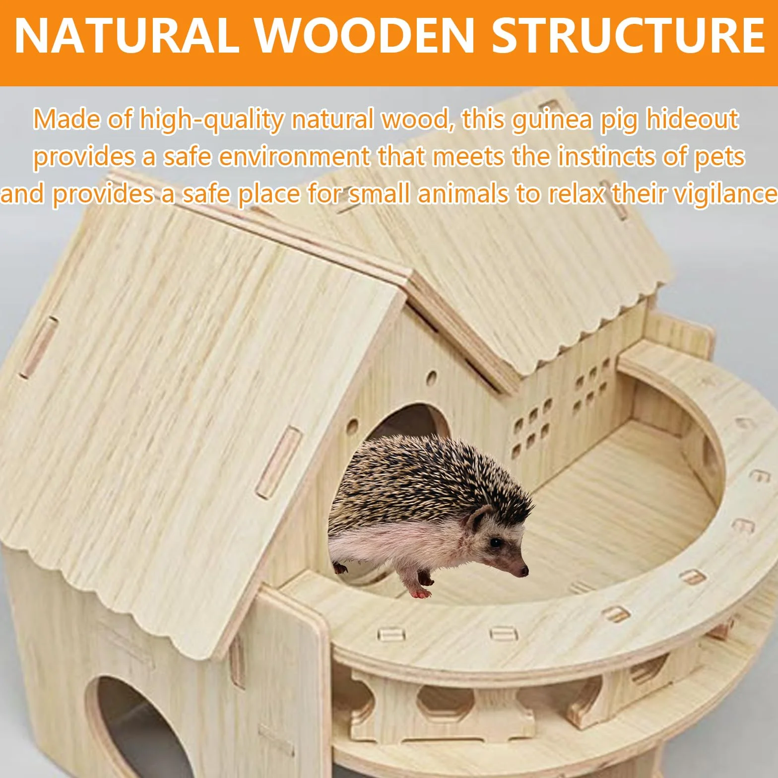 Casa para Erizos, 35 x 27 x 27 cm Casa del Erizo de Madera con Terraza Gran Casa para Erizo Desmontable con Múltiples Entradas y Salidas Redondas para Erizos o Cobayas para Refugio e Hibernación