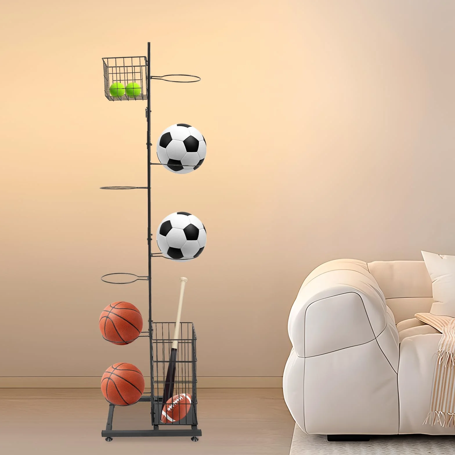 Soporte para pelotas vertical 5 soportes 2 cestas estantería exhibición fútbol voleibol baloncesto 41x28x156 cm