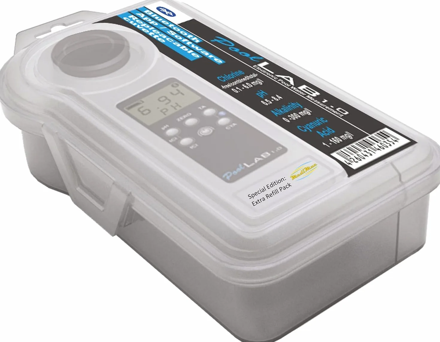 Edición especial: Fotómetro 13 en 1 PoolLab 1.0 - nueva versión - medidor de agua electrónico, fotómetro con 70 tabletas de prueba y paquete de recarga extra