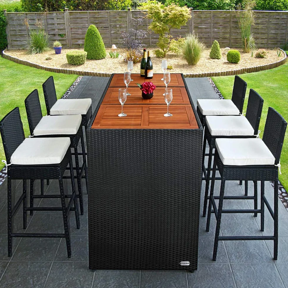 CASARIA Set de Mesa Alta y 6 Taburetes de Bar con Cojines de Asiento de Madera de Acacia Poliratán Negro Muebles de jardín