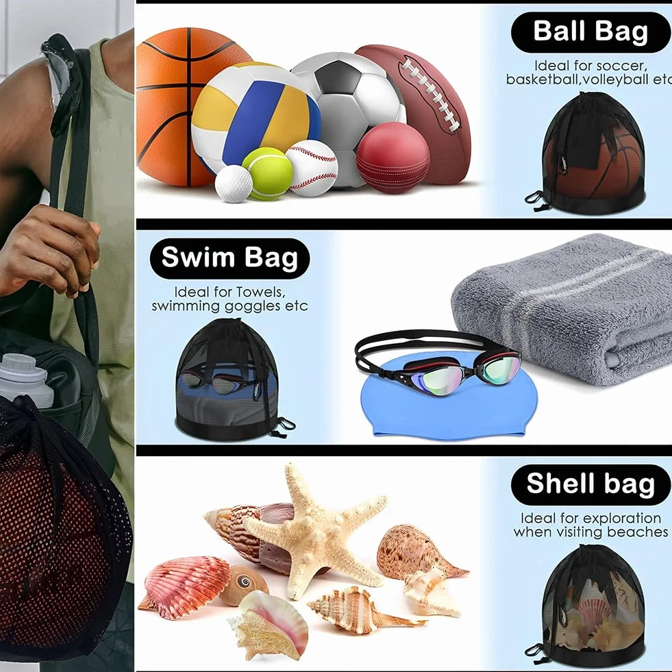 Bolsa de Malla para Pelotas Saco de Pelota con Cordón y Gancho para Baloncesto Fútbol Voleibol Negro