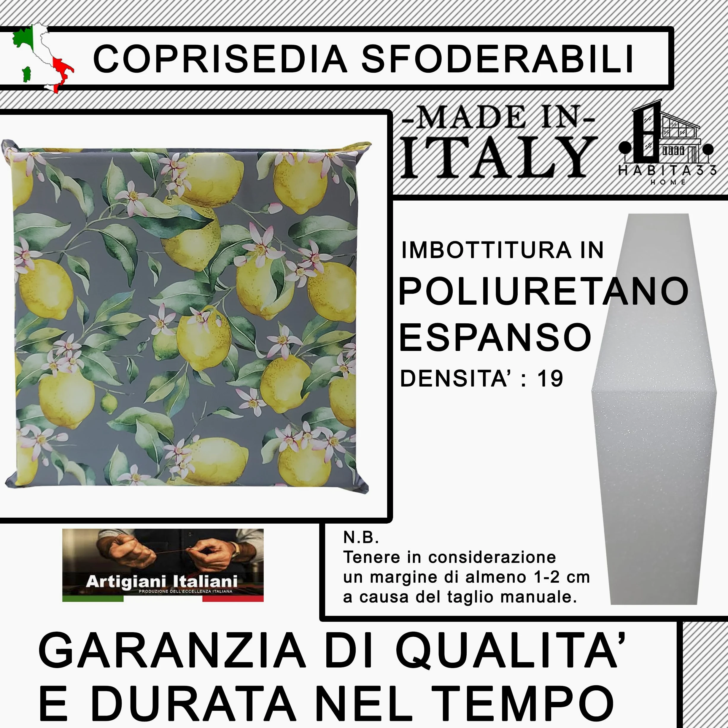 Cojines para Sillas de Jardín – Set de 4 (50x50x8 cm) – Fundas con Cremallera Desenfundables y Lavables – Asiento Cómodo para Exteriores – Fabricación Italiana (4, Lemon Flower)