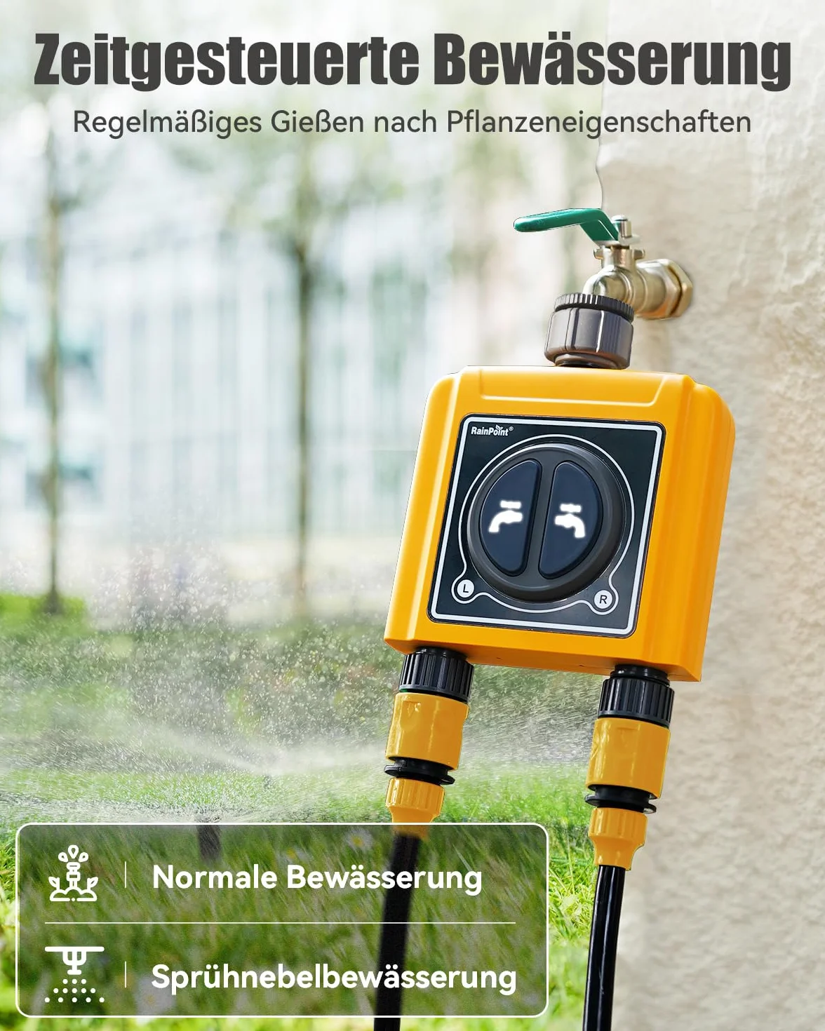 RAINPOINT Programador Riego WiFi 2 Salidas, Inteligente Temporizador Riego Automatico, App/Voz Control, Riego Basado en Clima/Humedad del Suelo, empotrar Caudalimetro Agua, para Césped Jardín