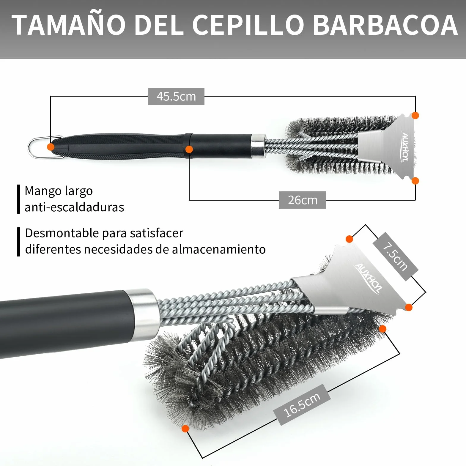 AUXHCYL Cepillo Barbacoa Inoxidable, 3-in-1 Cepillo para Parrilla con Raspador, 45.5cm Largo PP Aislamiento Térmico Mango Cepillo Barbacoa de Limpieza para Parrilla de Gas y Parrilla de Carbón