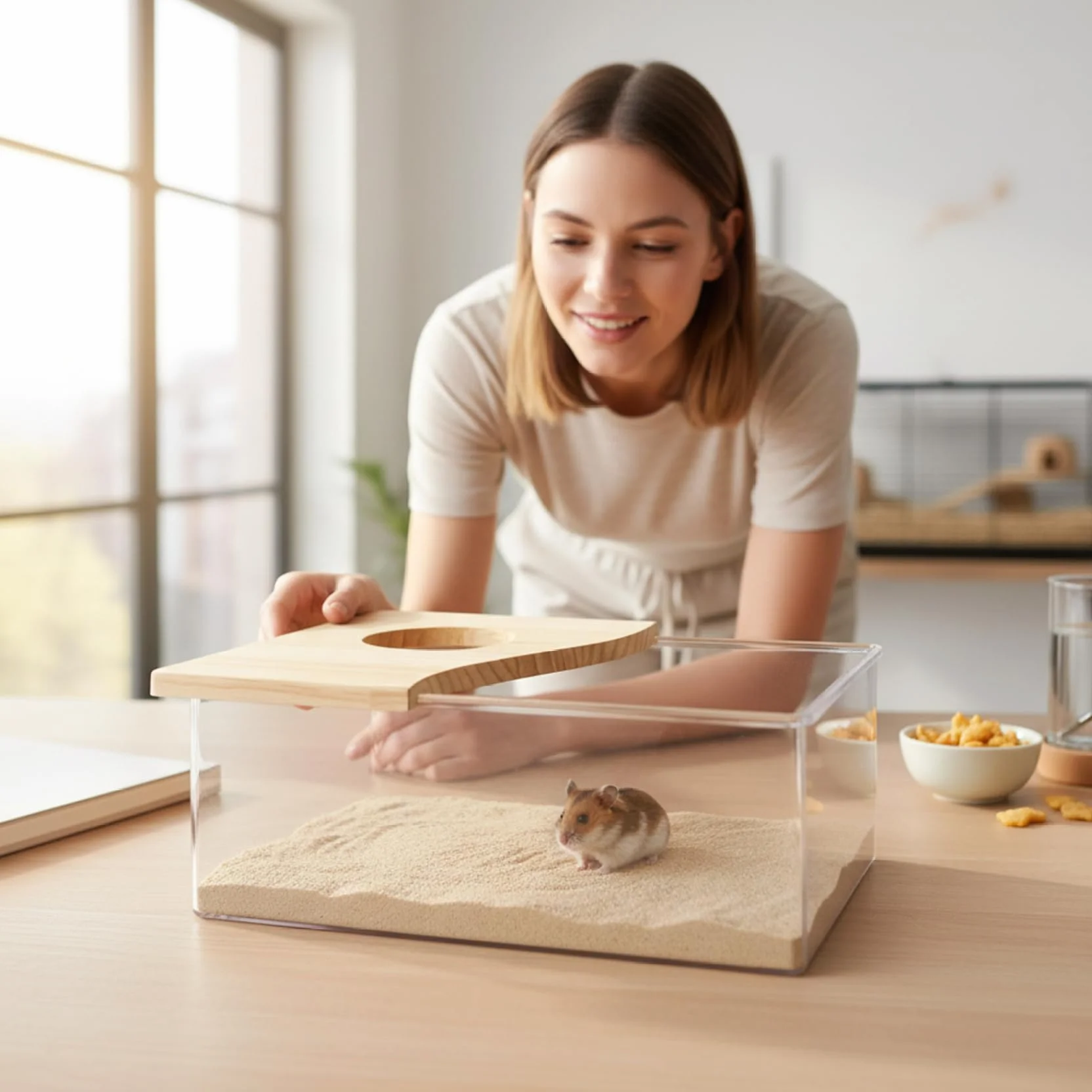 Caja de arena para hámster, cubierta de madera, caja de excavación de hámster de acrílico transparente para mascotas pequeñas, ahorra espacio, fácil de limpiar, contenedor estable para hámsteres, j