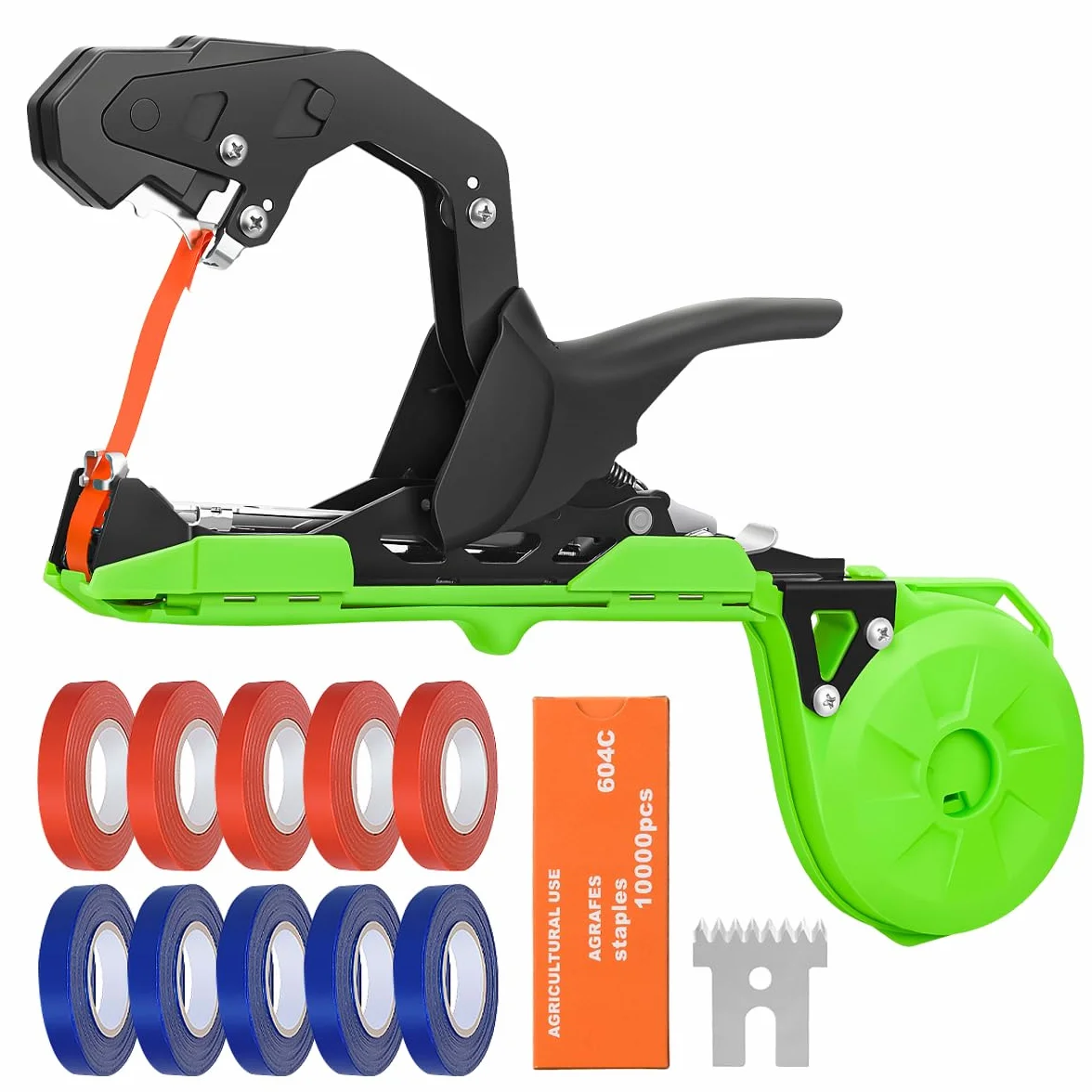 Atadora de Plantas Profesional, Máquina para Atar Tomates, Viñas, Uvas, Pepinos y Flores – Herramienta de Cinta Rápida y Eficiente con Grapas y Cintas Incluidas, Verde/Negro