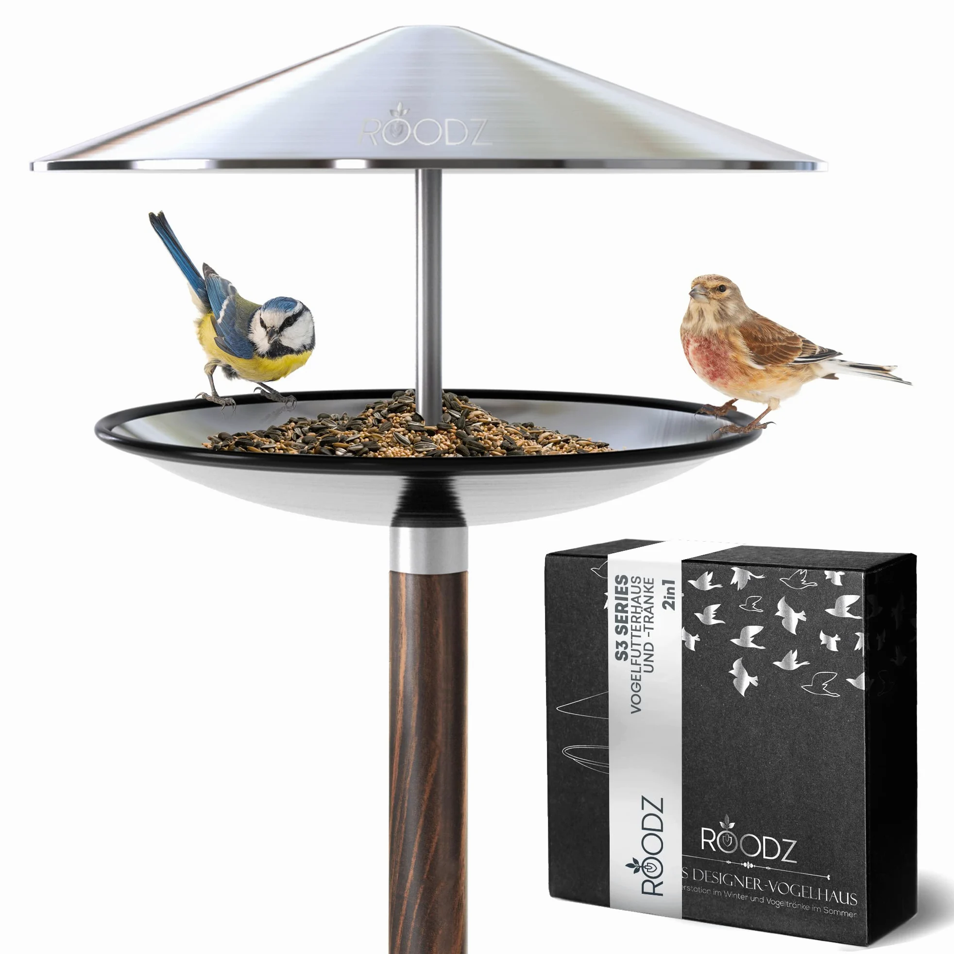 ROODZ Pajarera y piscina para pájaros 2 en 1 con soporte, resistente a la intemperie, de acero inoxidable, soporte para pájaros de diseño, piscina para pájaros, resistente a las heladas, resistente al