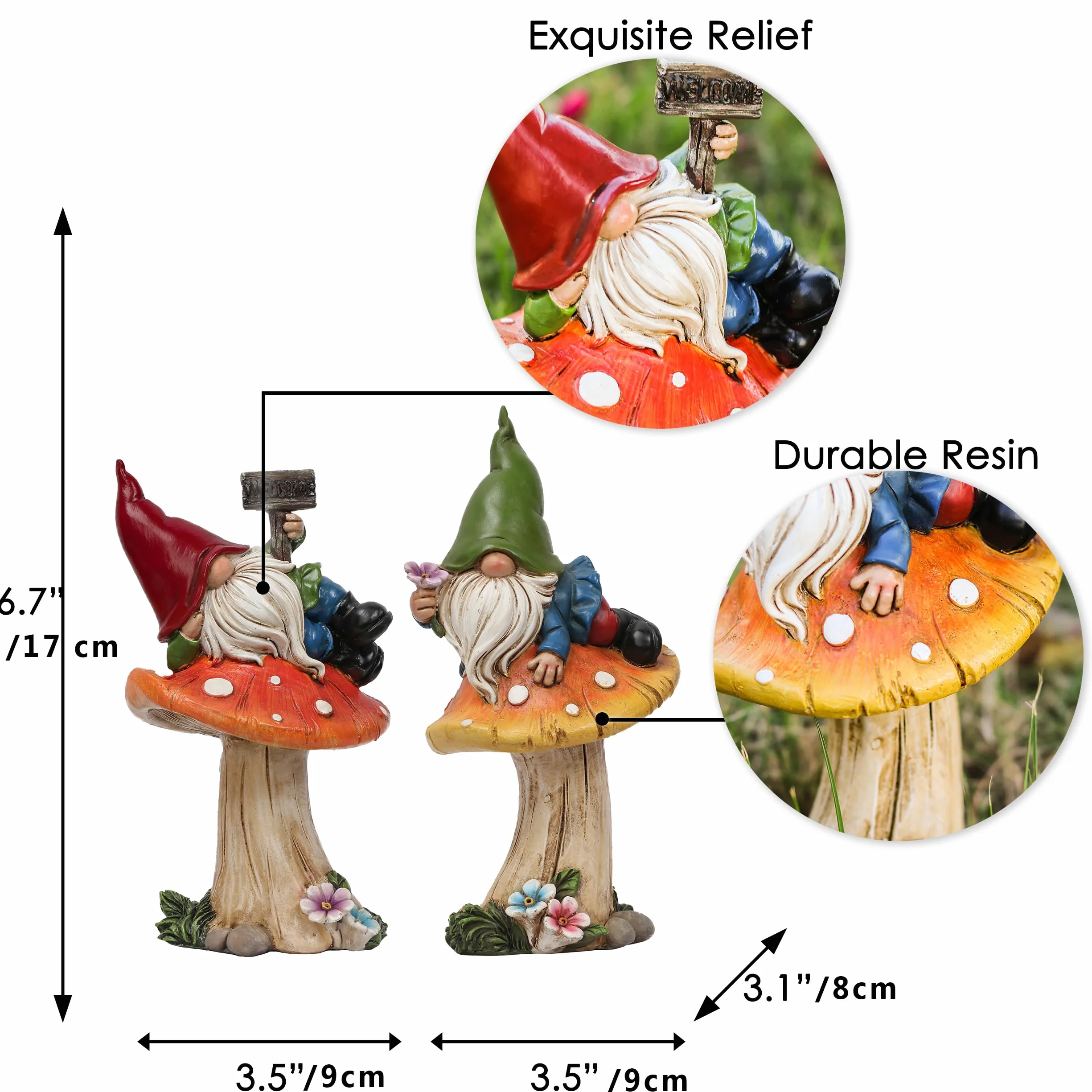 Teresa‘S Collections Set de 2 Gnomos sobre Hongos para Jardín, Adornos Jardin Exterior, Patio y Porche, Regalo de Cumpleaños y Casa Nueva (L)