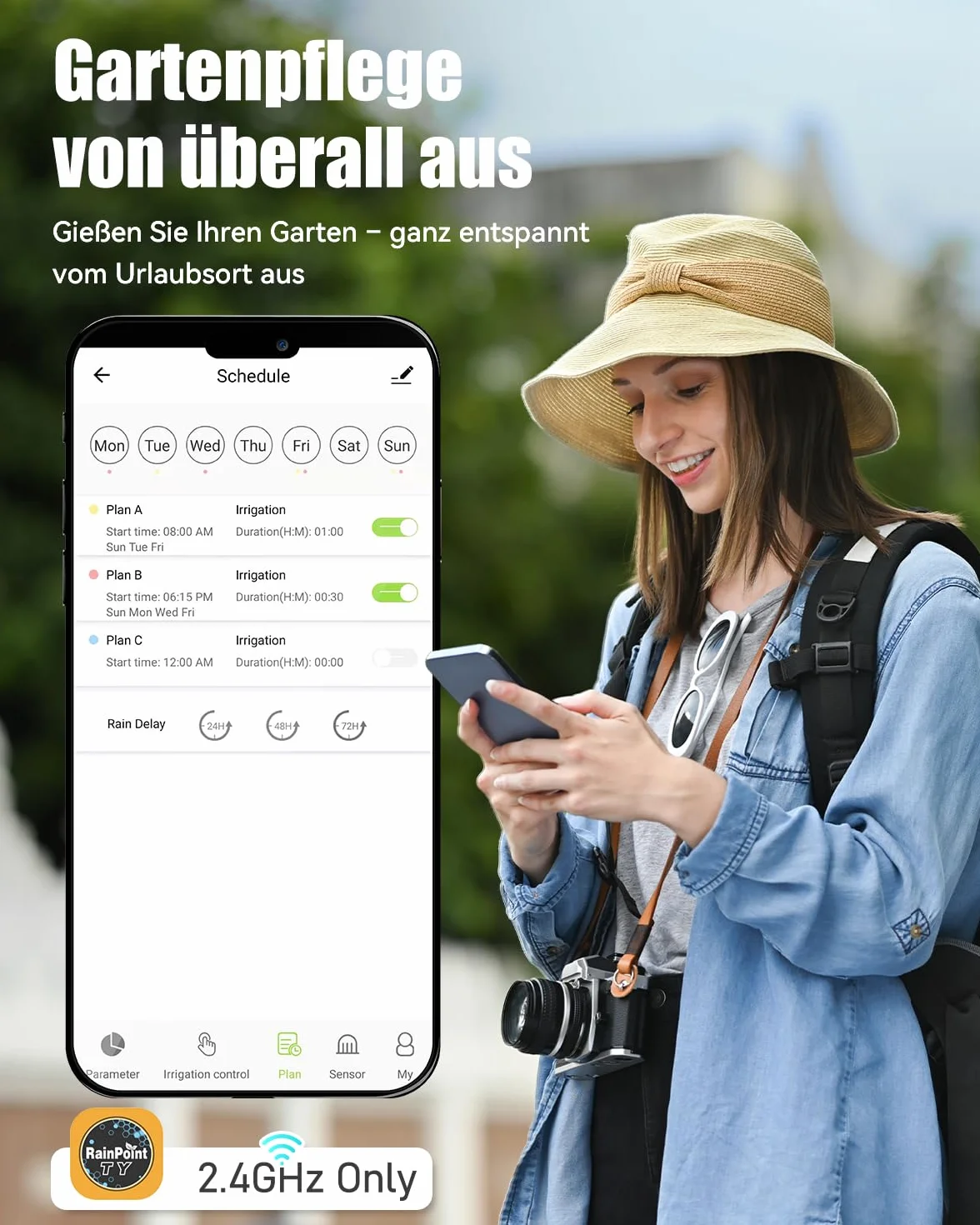 RAINPOINT Programador Riego WiFi 2 Salidas, Inteligente Temporizador Riego Automatico, App/Voz Control, Riego Basado en Clima/Humedad del Suelo, empotrar Caudalimetro Agua, para Césped Jardín