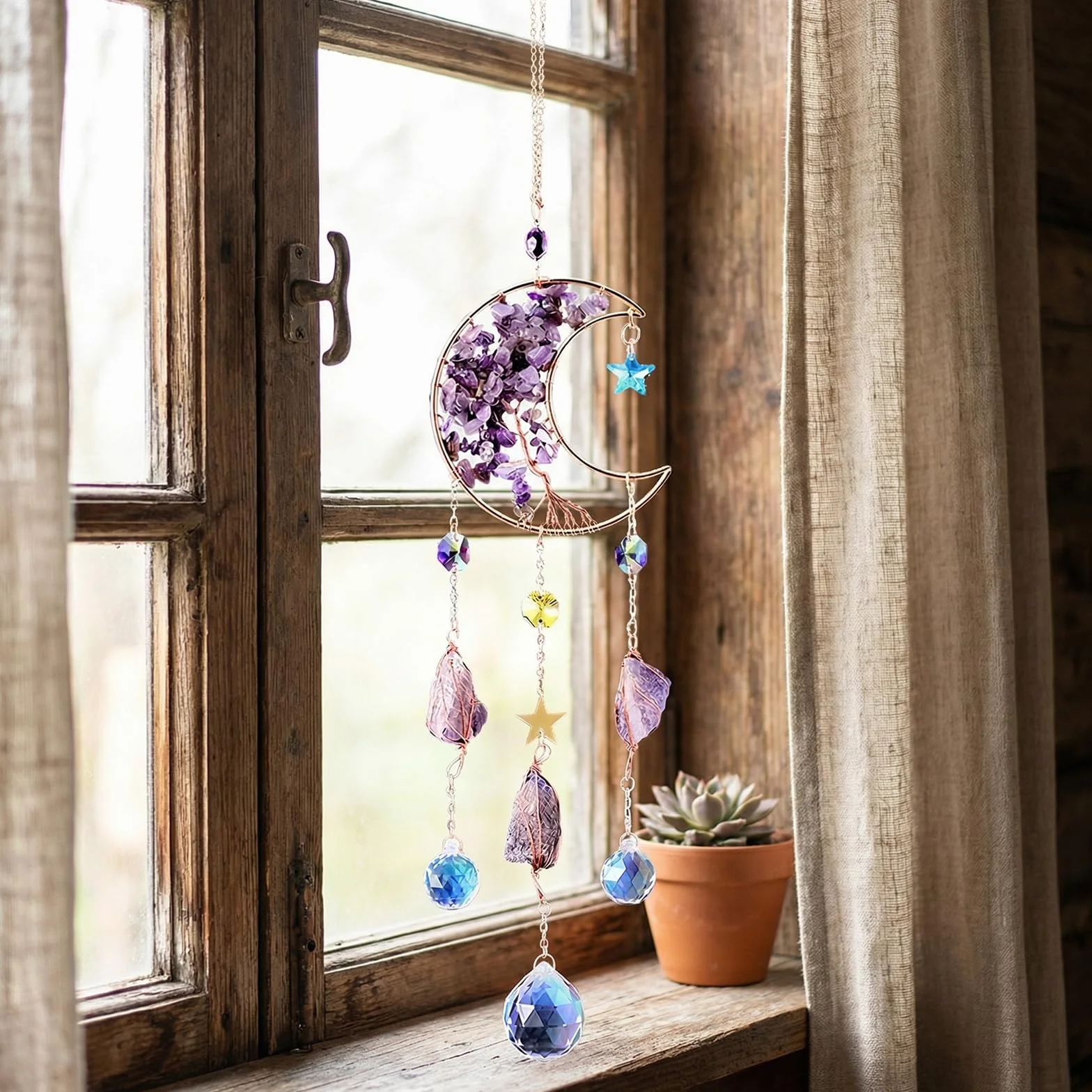 Atrapasoles Cristal Colgante 40cm, Luna y Estrella, Bola de Cristal, Cristales para Colgar, Campana de Viento para Casa Jardín Oficina Ventanas Campanas Coche Fiesta Boda Decoración, Regalos Mujeres