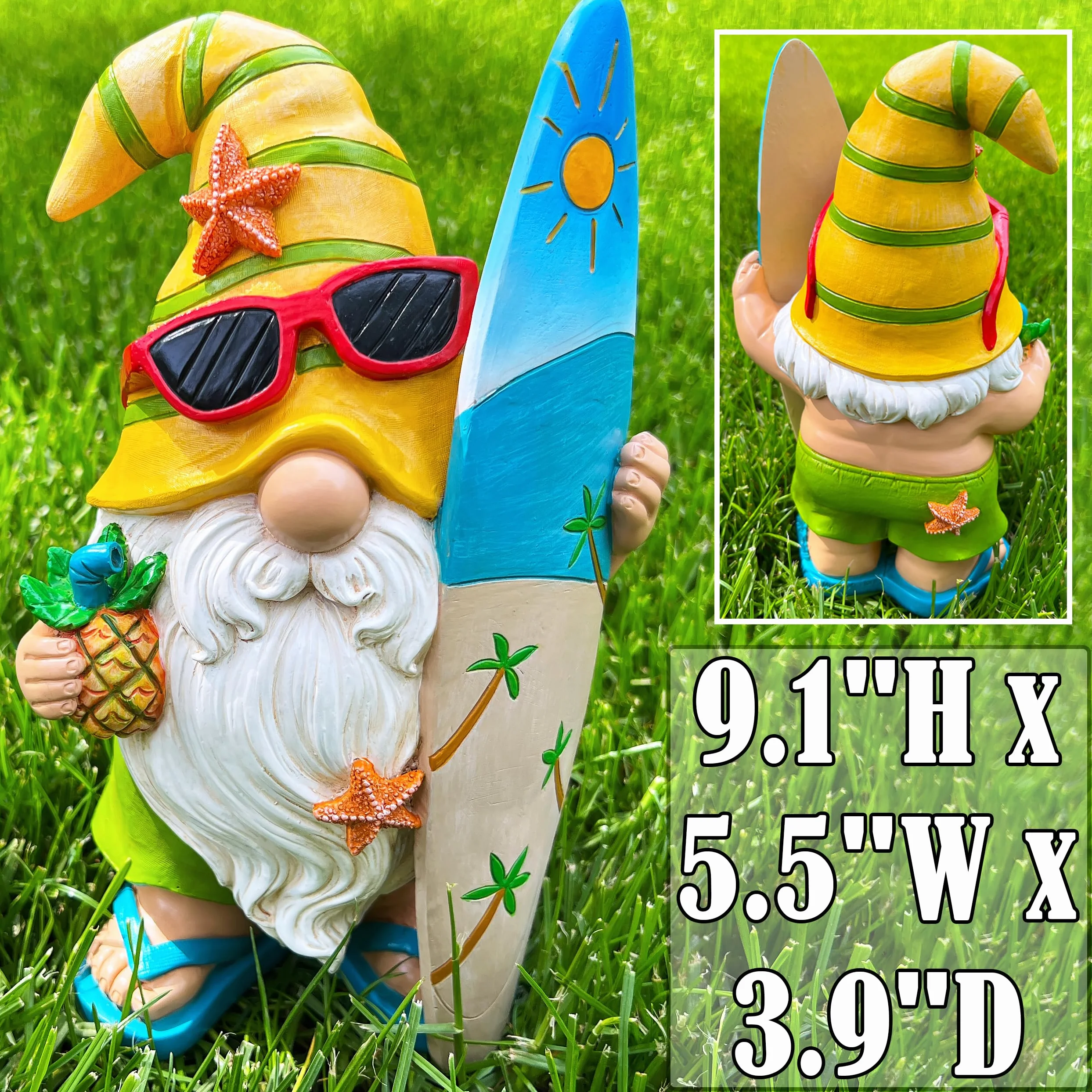 Mood Lab Gnomo de jardín – Figura de gnomo Surfista – 9.1 Pulgadas de Alto, Divertida Estatua de césped – para decoración al Aire Libre o casa
