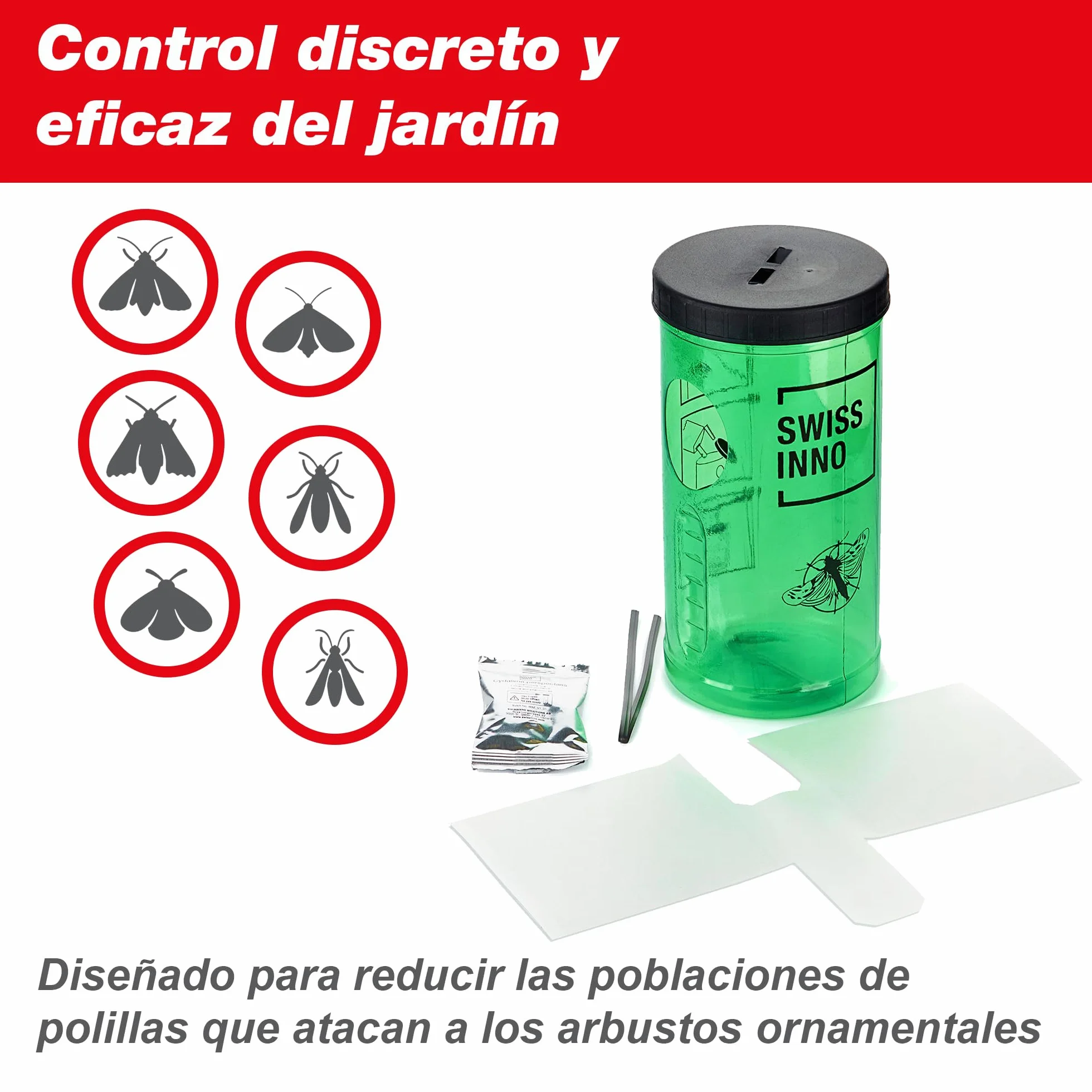 SWISSINNO Trampa para la Polilla del Boj – Control y Monitorización Eficaz – con Feromona y Cinta Adhesiva – Uso Exterior en Jardines, Setos y Arbustos – Reutilizable y Precisa