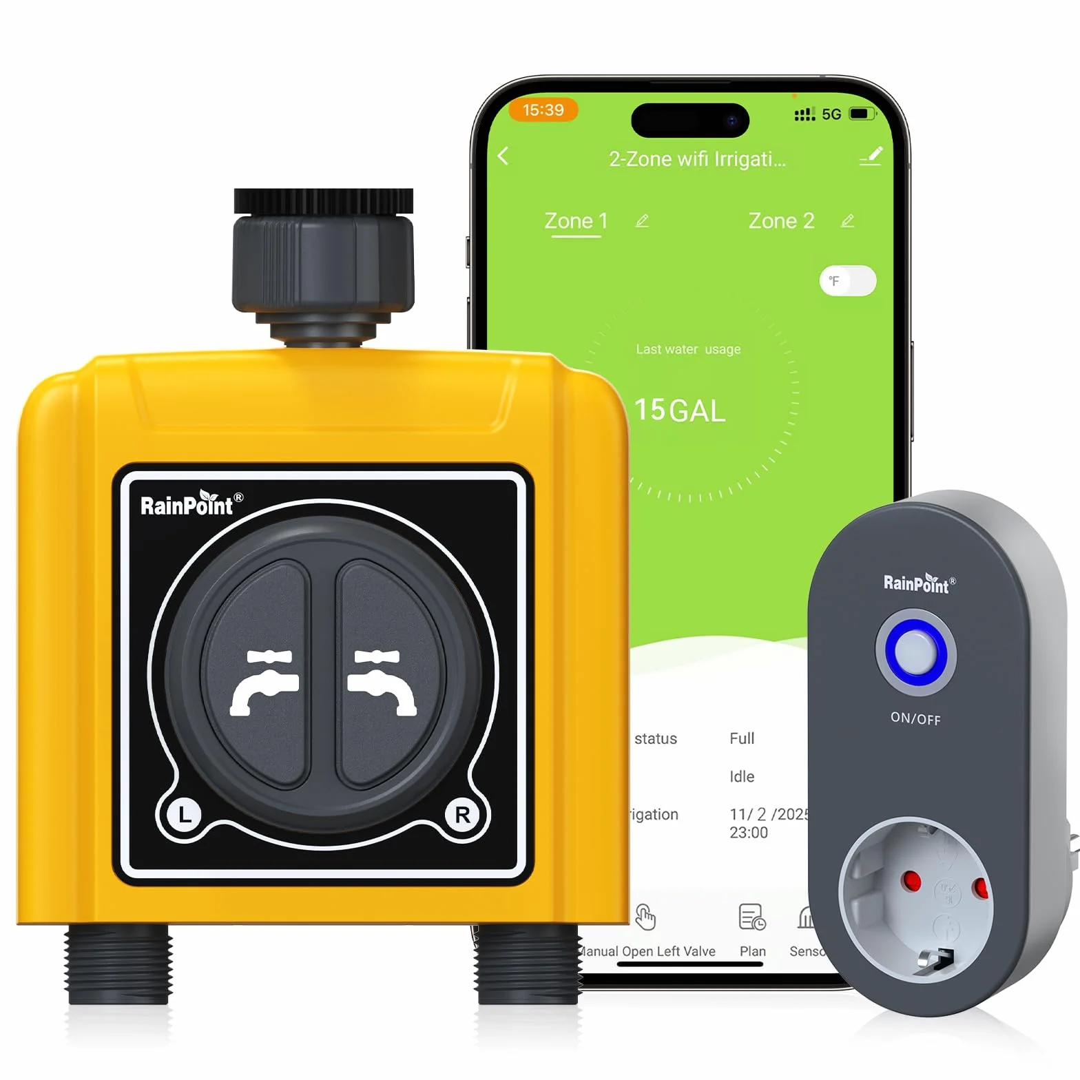 RAINPOINT Programador Riego WiFi 2 Salidas, Inteligente Temporizador Riego Automatico, App/Voz Control, Riego Basado en Clima/Humedad del Suelo, empotrar Caudalimetro Agua, para Césped Jardín