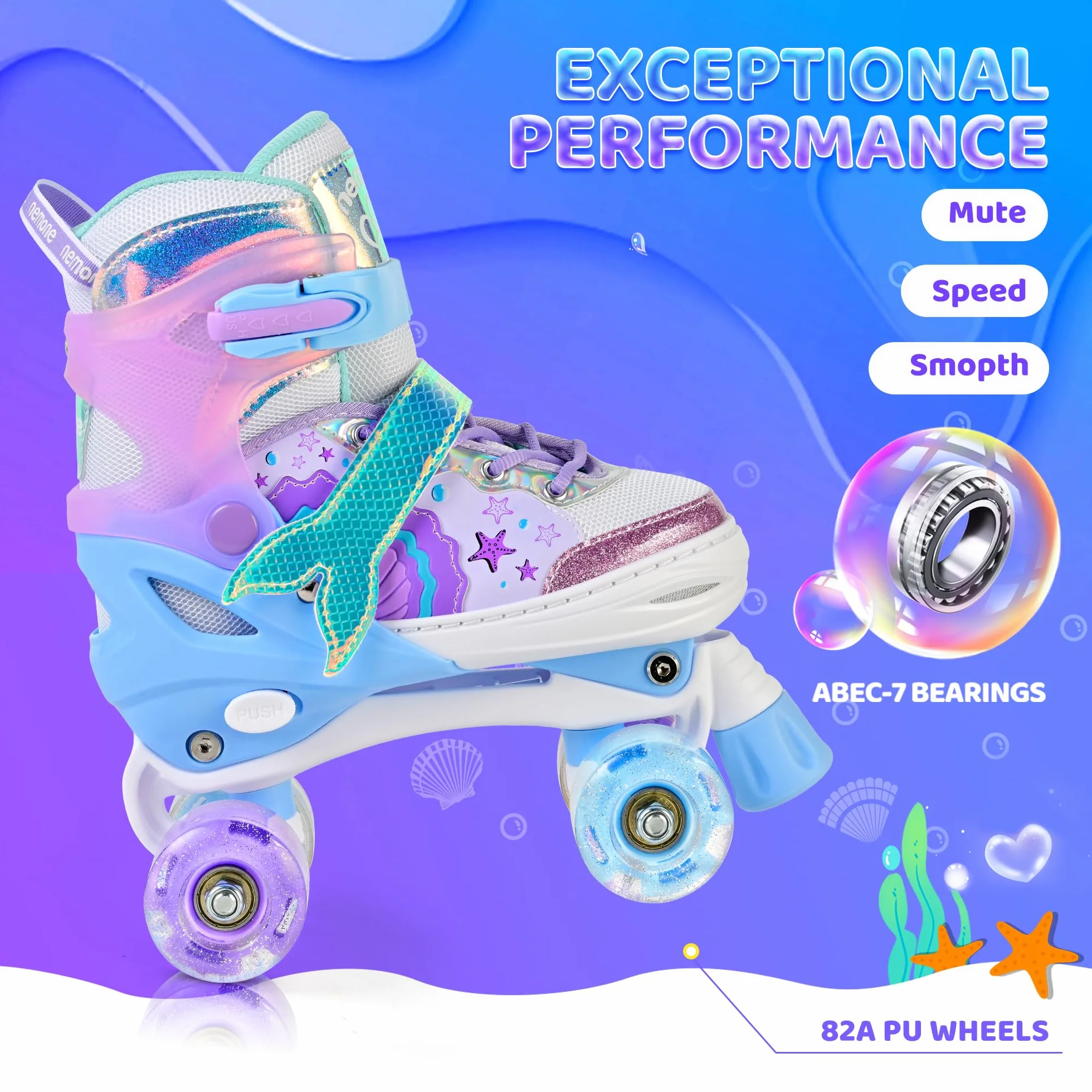 NEMONE Sirenita Patines de Ruedas Ajustable Niñas 4 Ruedas para Principiantes