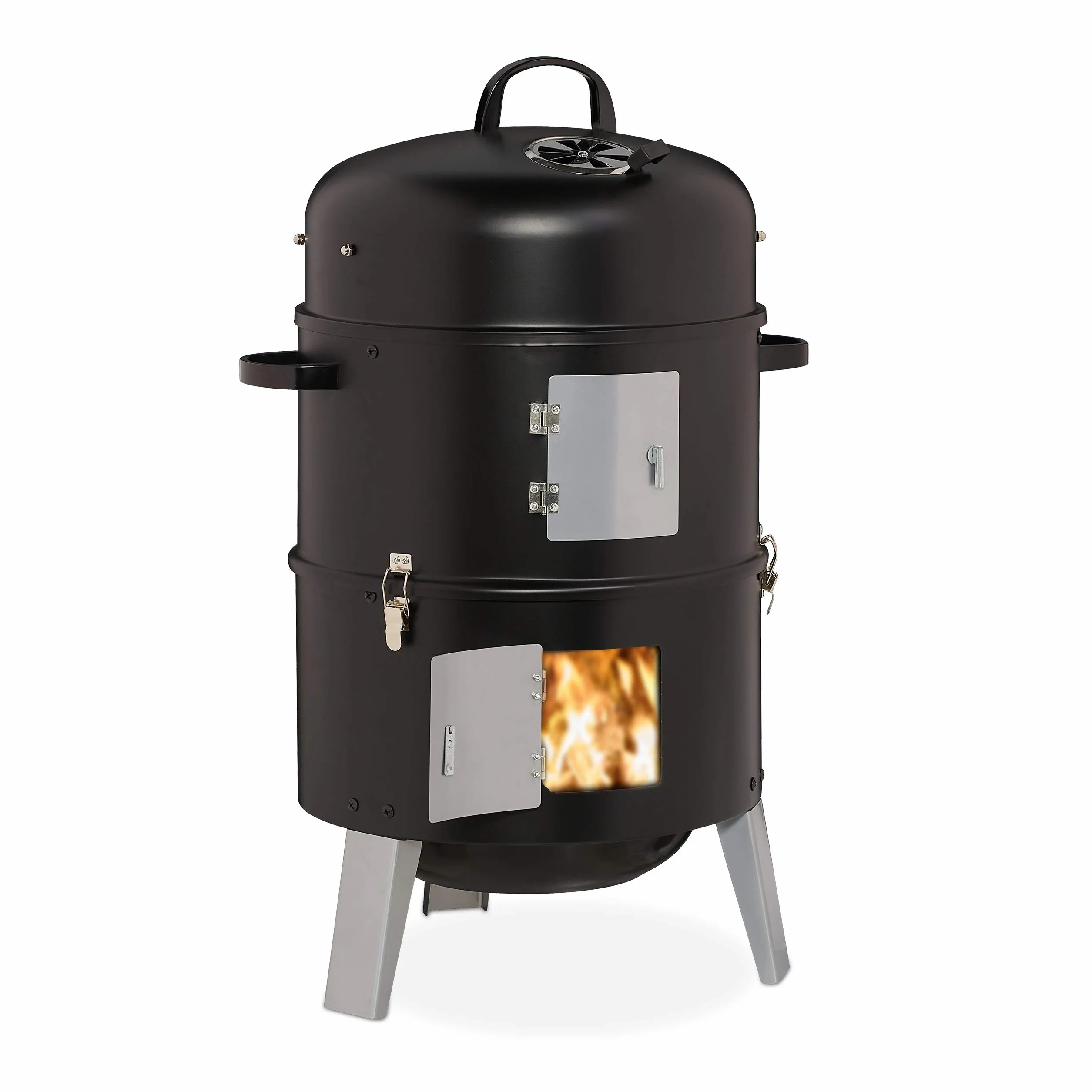 Relaxdays Ahumador Barbacoa 3en1, Barril Asar, Ahumar y Cocinar Carnes, Termómetro y Salida de Aire, ∅40cm, Acero, Negro