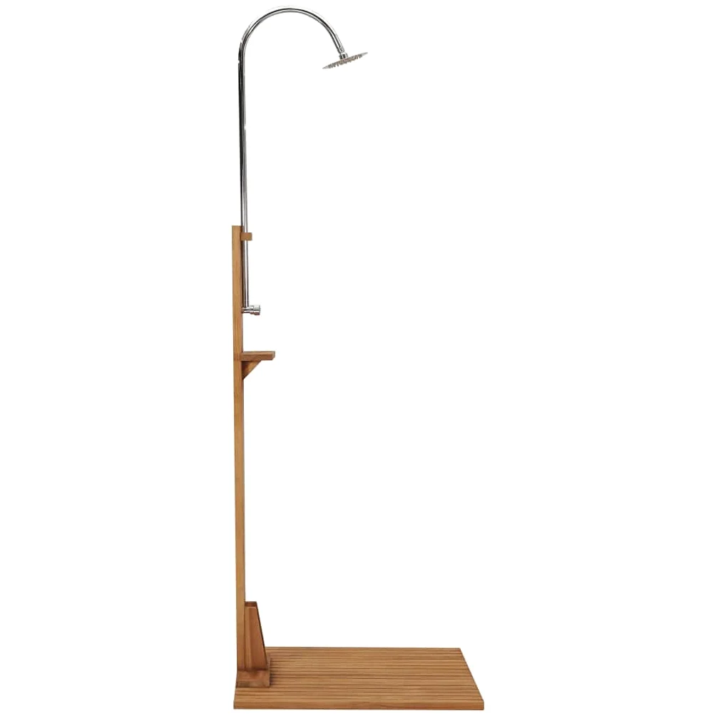 Ducha de jardín de madera maciza de teca, 75 x 75 x 210 cm, cabezal de ducha de acero inoxidable, base antideslizante para ducha al aire libre, cuidado del jardín y limpieza
