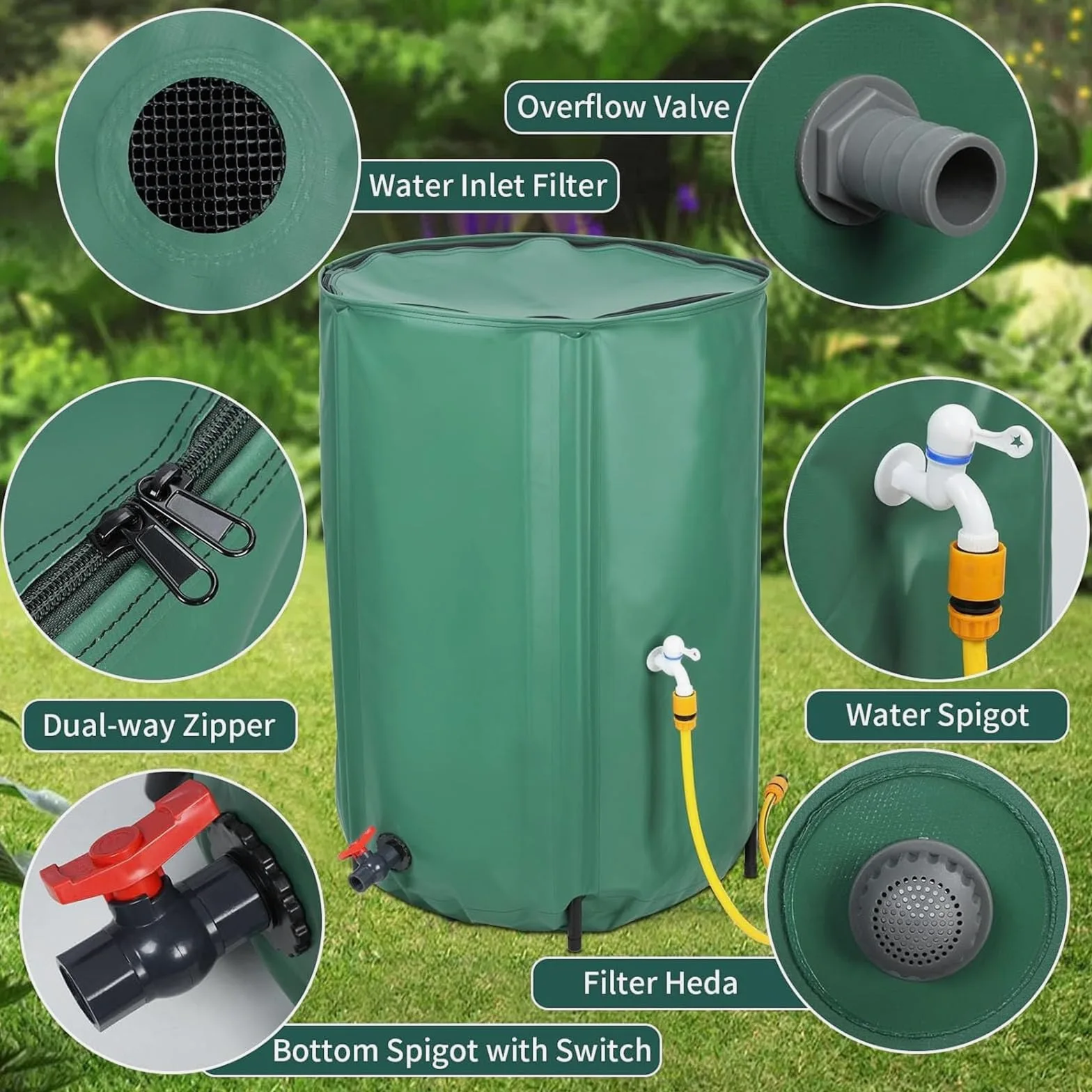 Sistema portátil de recolección de agua de lluvia de 50 litros, tanque de almacenamiento de agua con filtro, colector de bajante plegable para jardín, exterior, césped (verde)