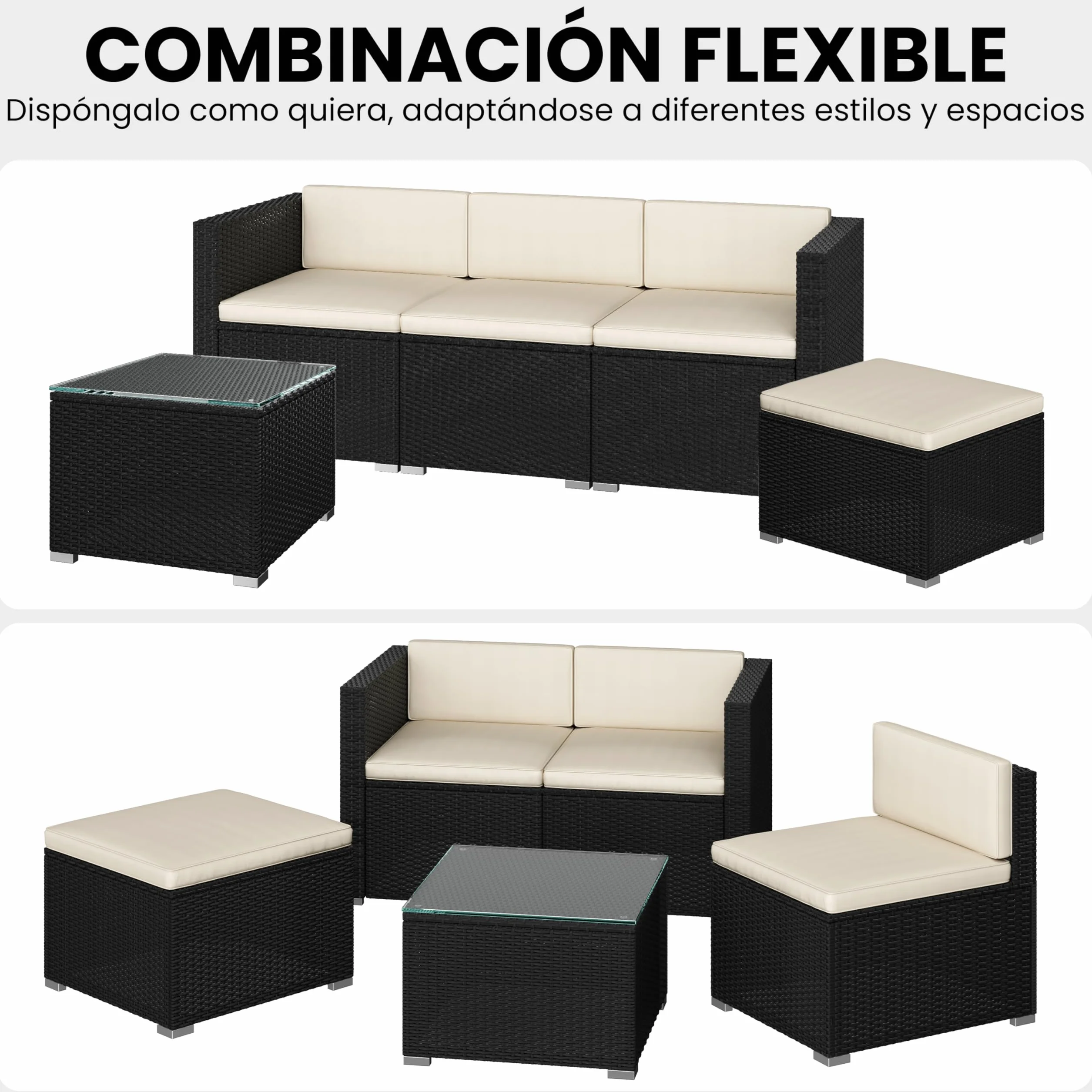 Yaheetech Conjunto de Muebles Ratán de Jardín 5 Piezas con Cojines, 3 Plazas Sofá 1 Taburete y 1 Mesa de Café de Cristal (Negro/Beige)