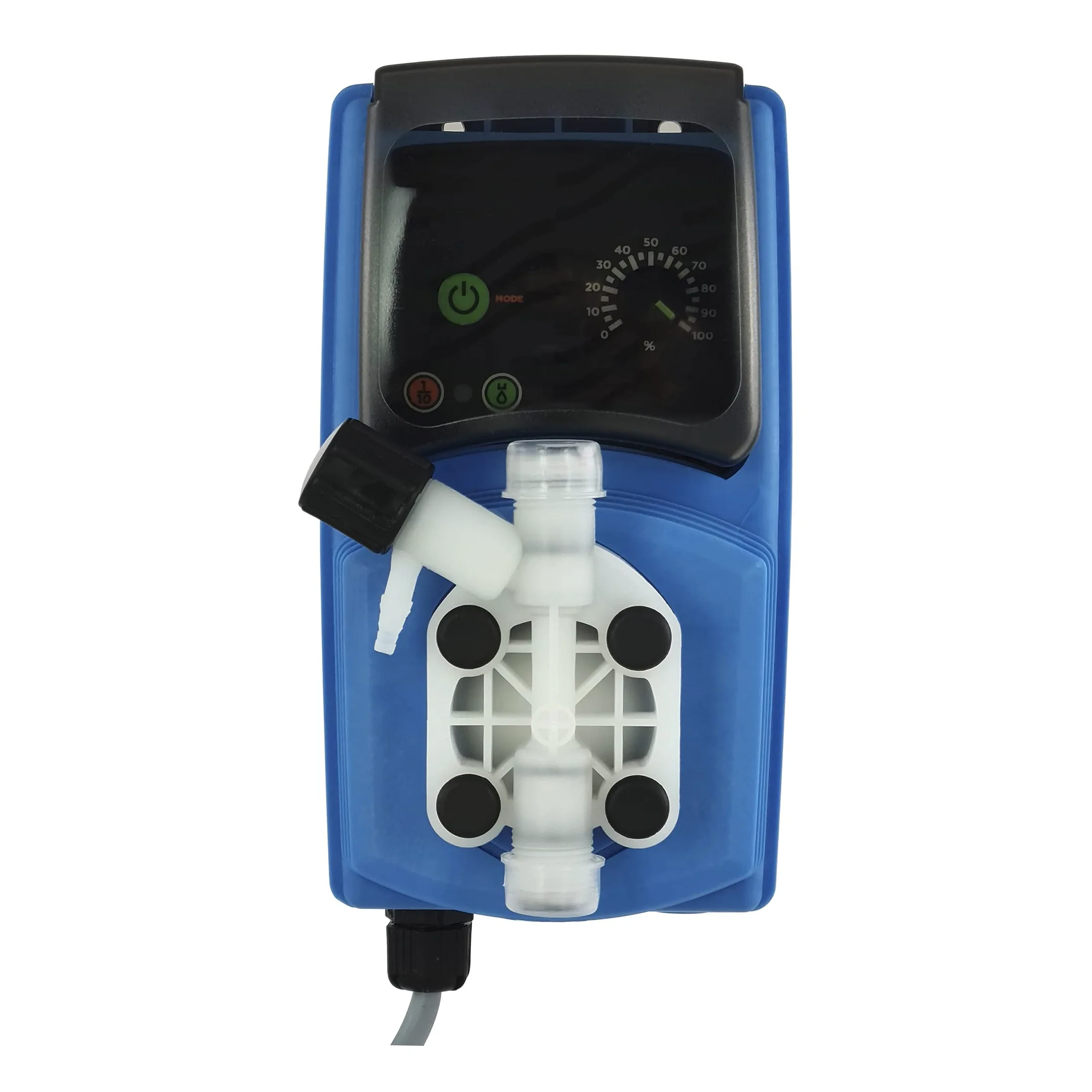 Bomba dosificadora de impulsos electromagnética de membrana con caudal constante. Hasta 6 L/H. 7 Bares de presión. Para su uso en piscinas, saunas, autolavados. Azul
