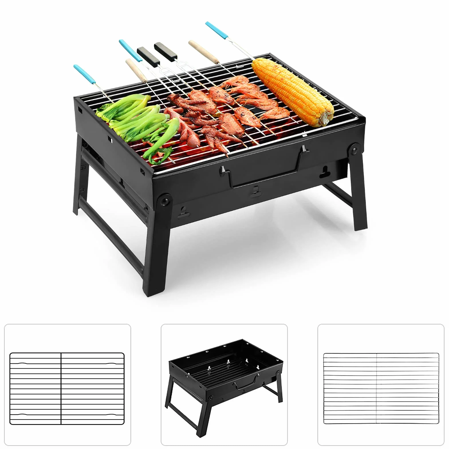 Uten Barbacoas Portátiles de Carbón, Parrilla de Acero Inoxidable para Ahumar y Acampar al Aire Libre, Char Broil BBQ Pit Grill (Mediano), Negro