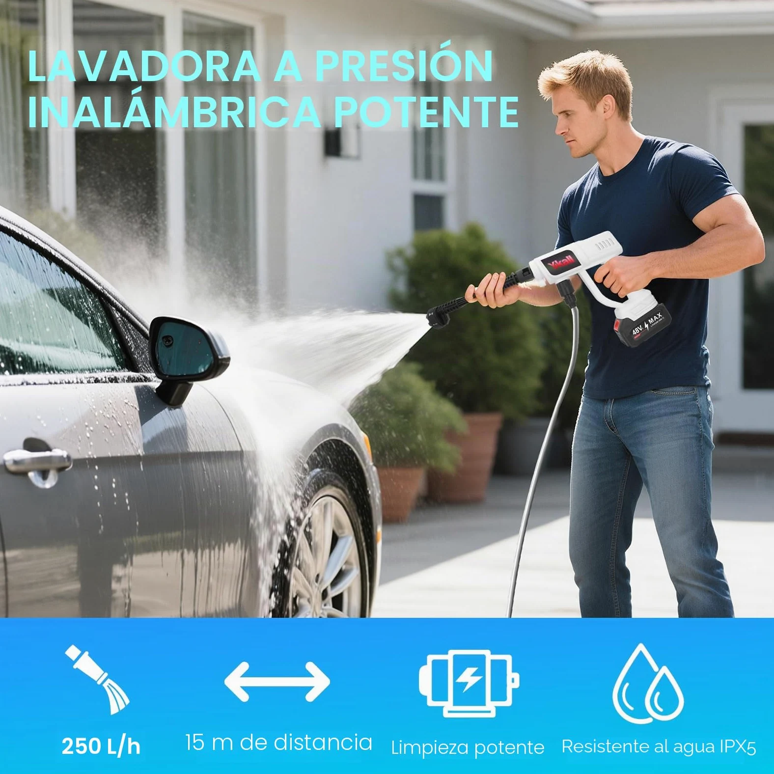 Hidrolimpiadora Inalámbrica 48V 2 Baterías Portátil Boquilla 6 en 1 | Limpieza a presión sin cables. 2 baterías (25-30 min), 6 modos, manguera 5m, fácil de guardar. Ideal para coches o jardín.