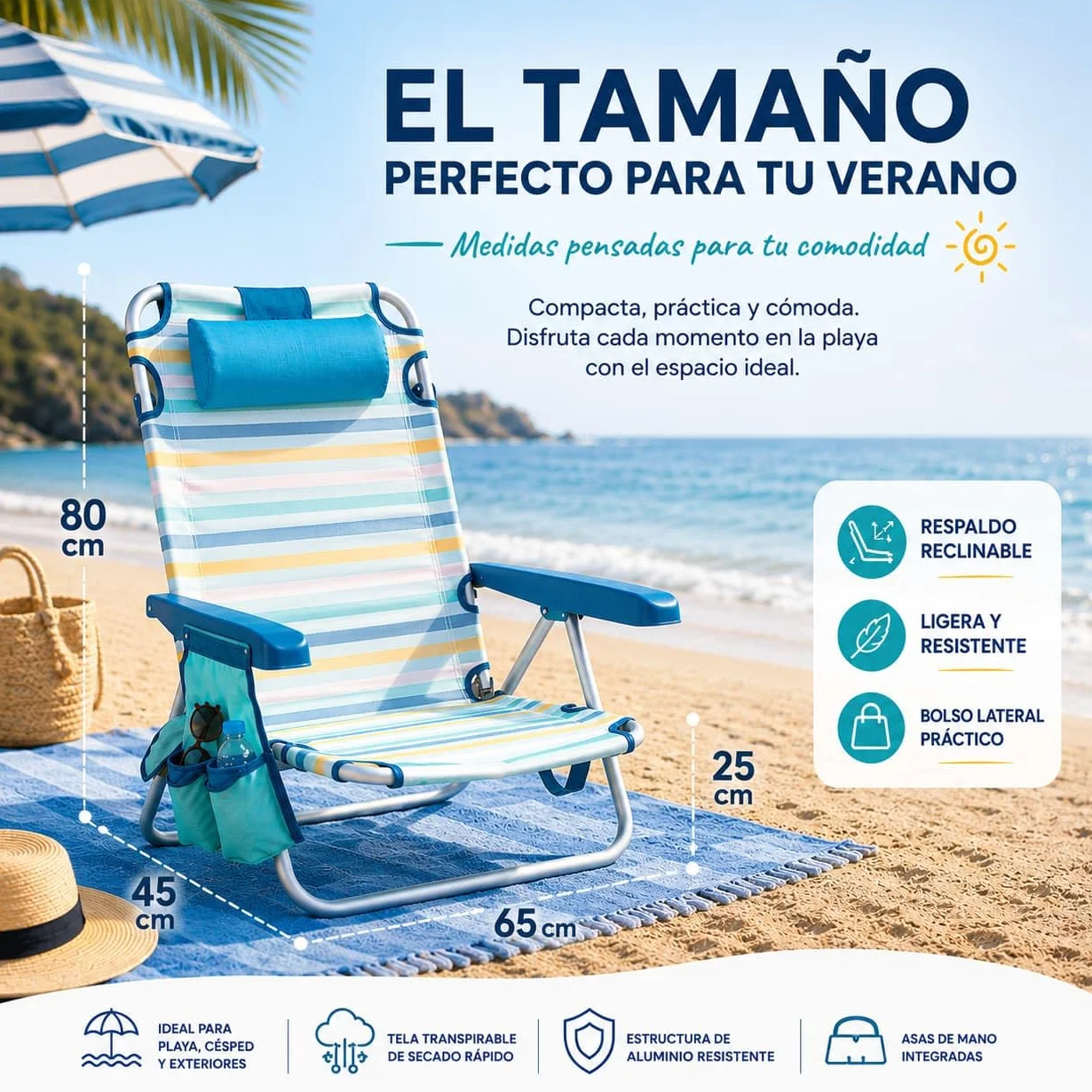 Silla Playa Plegable multiposición - con reposacabezas, Almohadilla y Bolso Lateral - Estructura de Aluminio Ligera y Tela Transpirable - Asas de Mano integradas