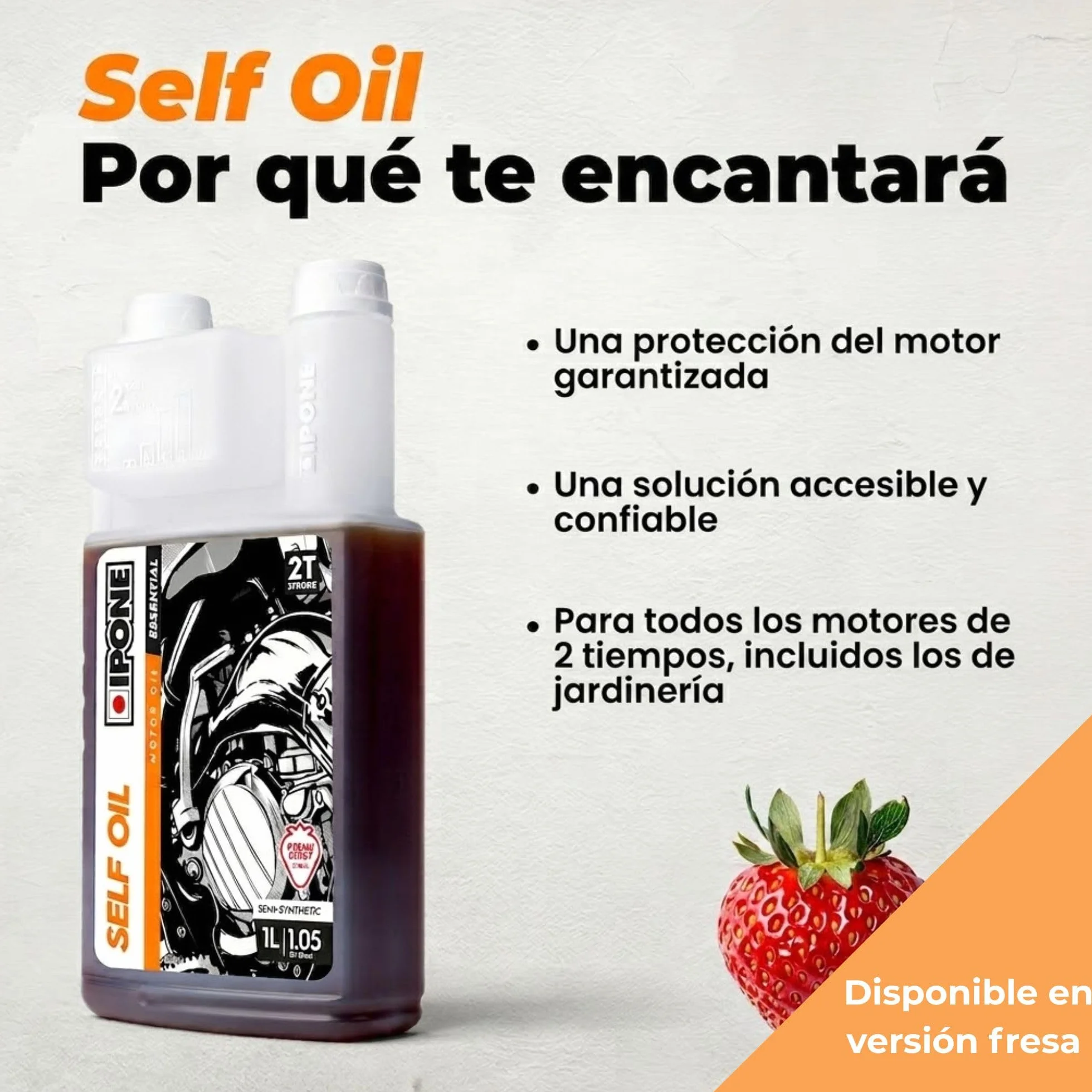 IPONE – Aceite para Motor 2 Tiempos Self Oil – Aroma Fresa - Bidón dosificador 1 Litro - Semisintético - Gama Essential - Para todo tipo de motores 2 tiempos - Protección del motor