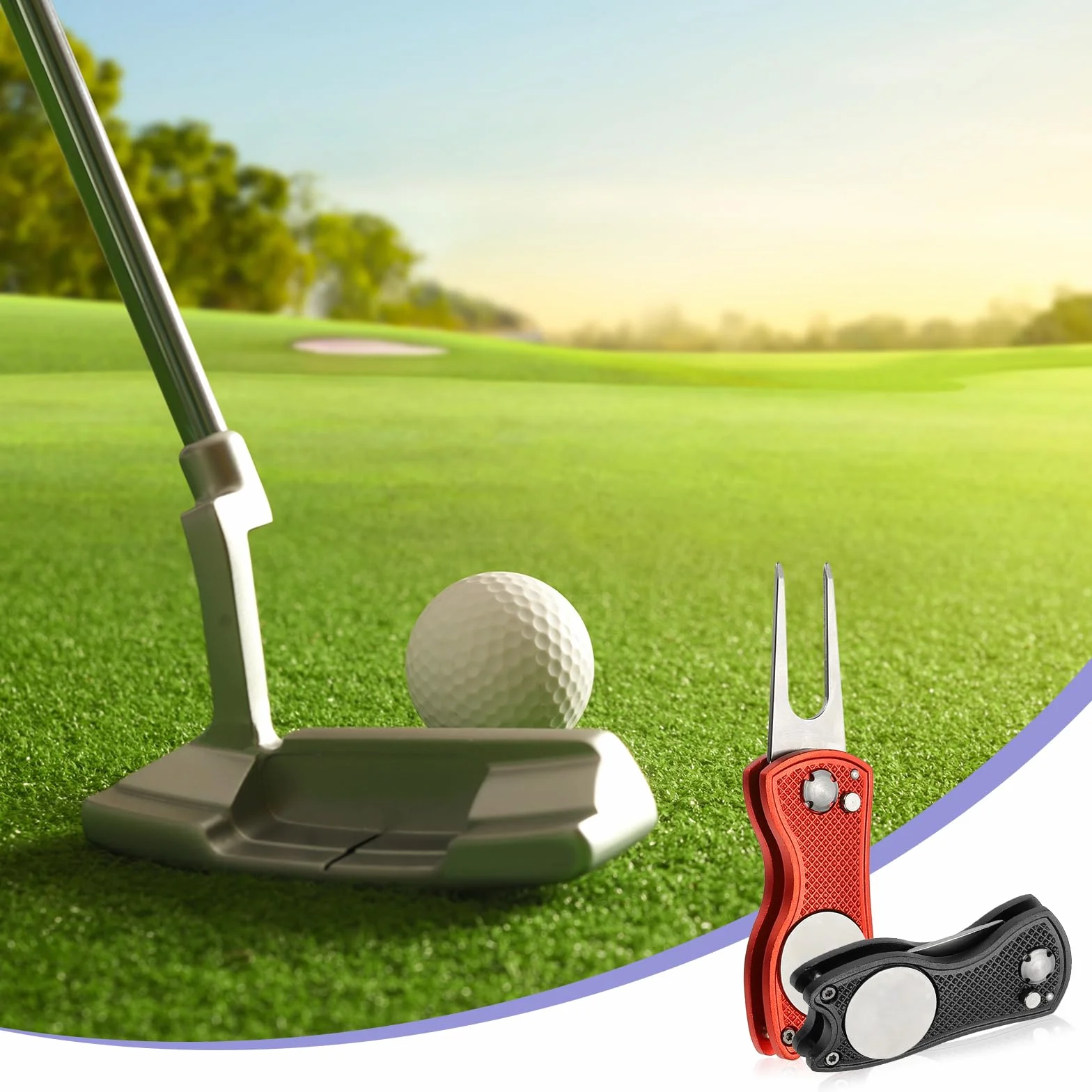 PATIKIL Herramienta de reparación de divot de golf plegable de metal verde con marcador magnético y horquilla de acero inoxidable