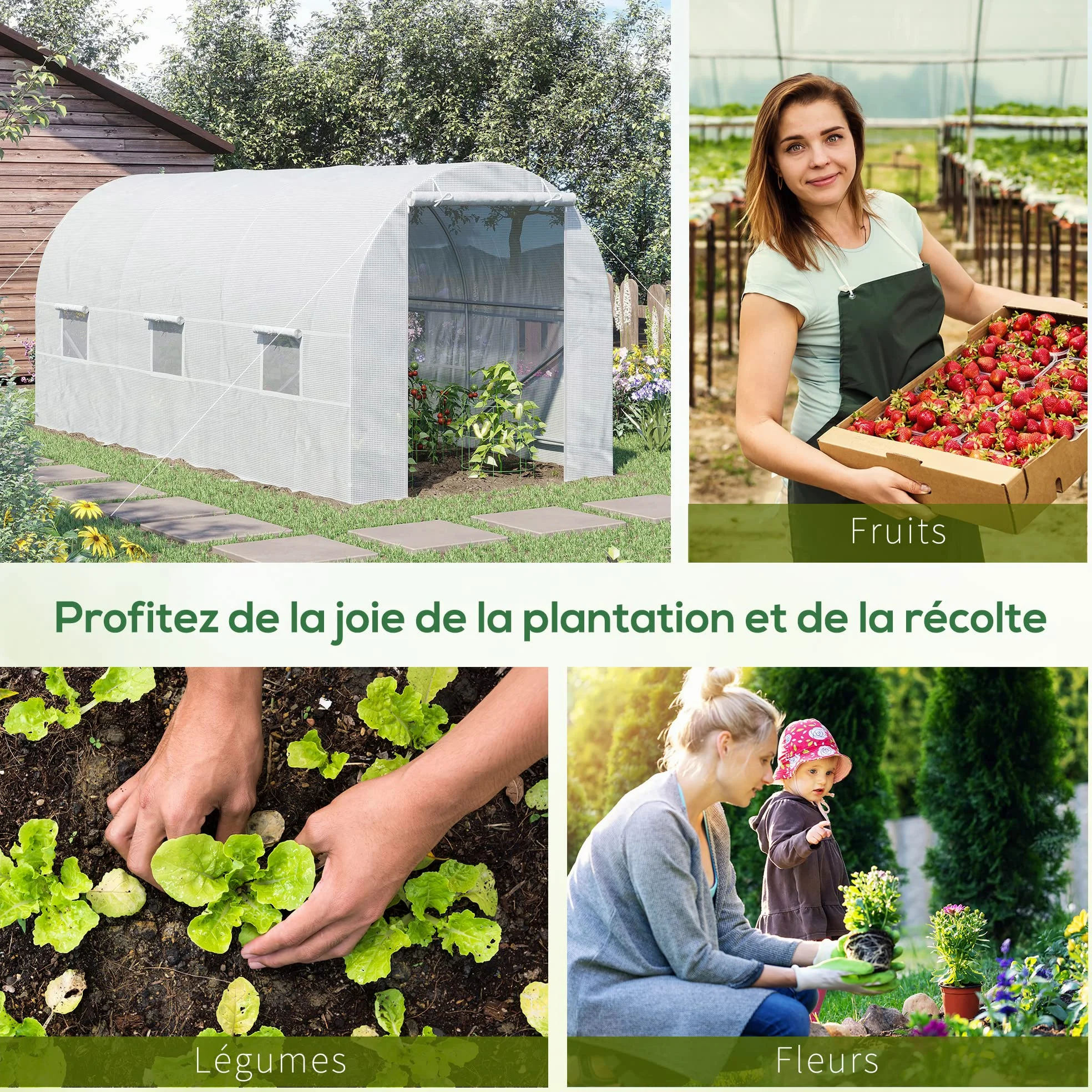 Outsunny - Invernadero de jardín (9 m², 4,45 x 2 x 2 m, Marco Tubular Reforzado 18 mm, 6 Ventanas), Color Blanco | Invernadero de jardín Túnel, todas las estaciones, verduras frutas, flores, lona PE de alta densidad 140 g/m²