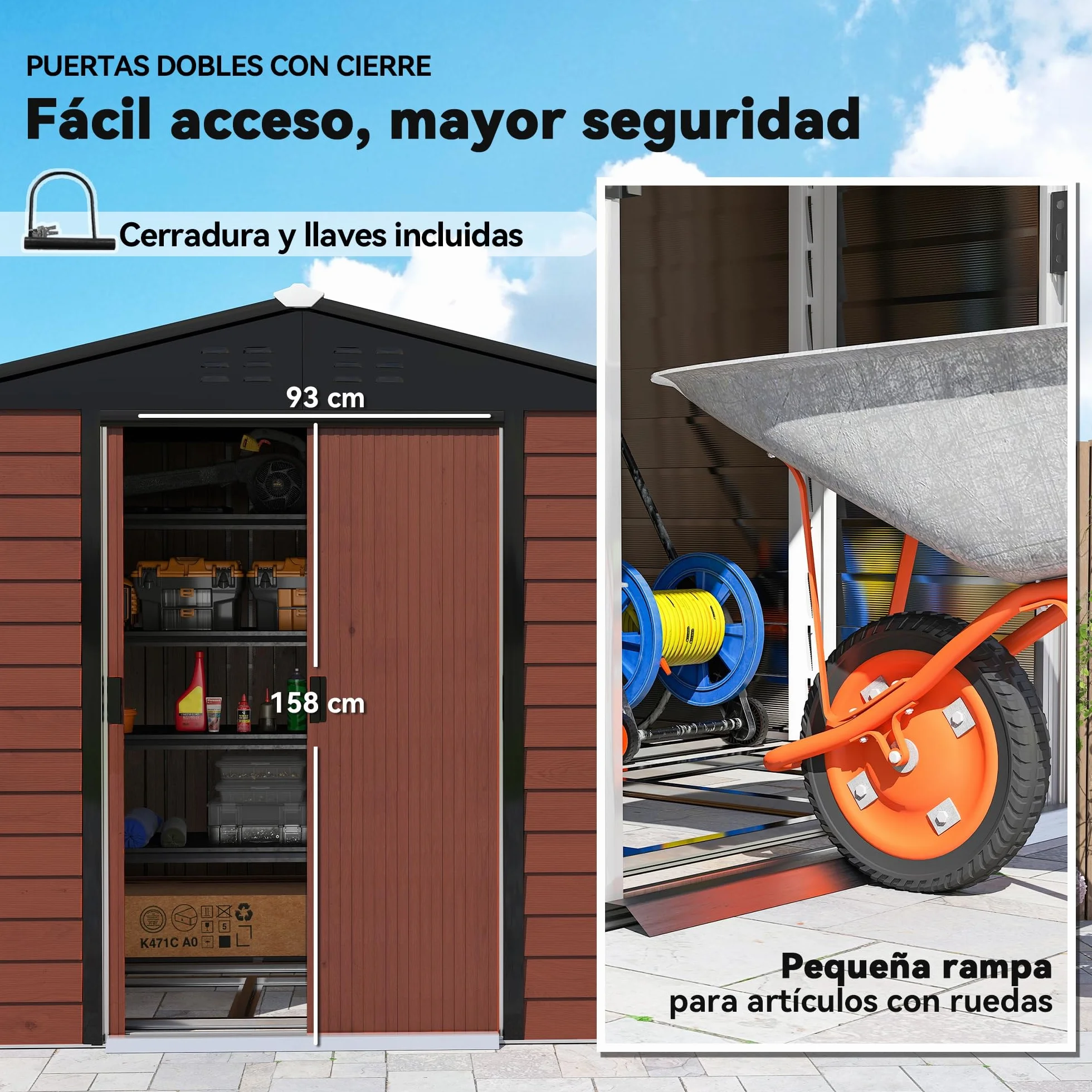 Outsunny Caseta de Jardín Exterior 4,4 m², 240x206x198 cm, Cobertizo de Jardín Exterior Metálico con Base Refuerzo (Suelo NO Incluido), Puerta Corredera con Cerradura y 4 Ventanas para Patio, Teca