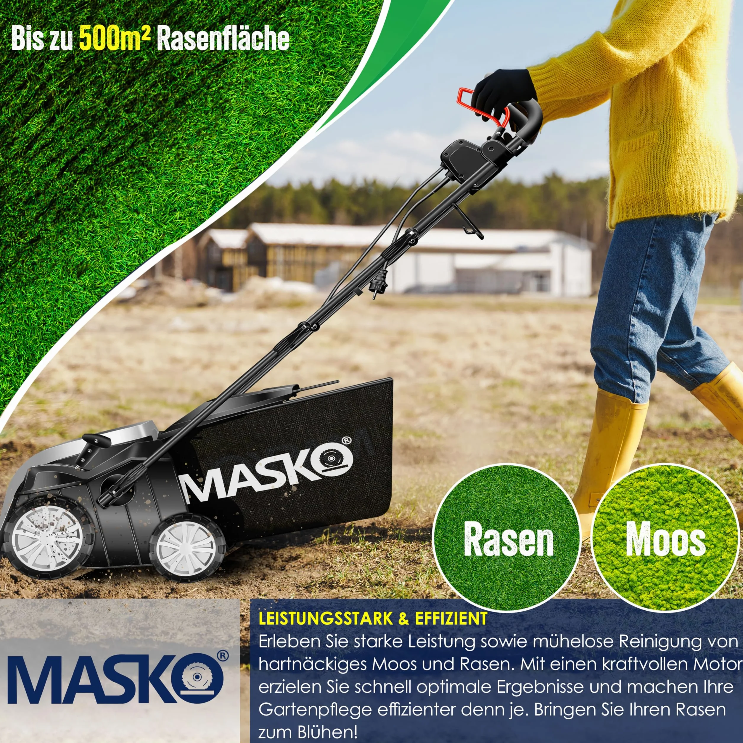 MASKO® Escarificador eléctrico 2 en 1, aireador de césped 1800W, 40 cm de ancho de trabajo, cesta de recogida de 55 l, eliminador de musgo, profundidad de trabajo ajustable en 5 etapas, negro