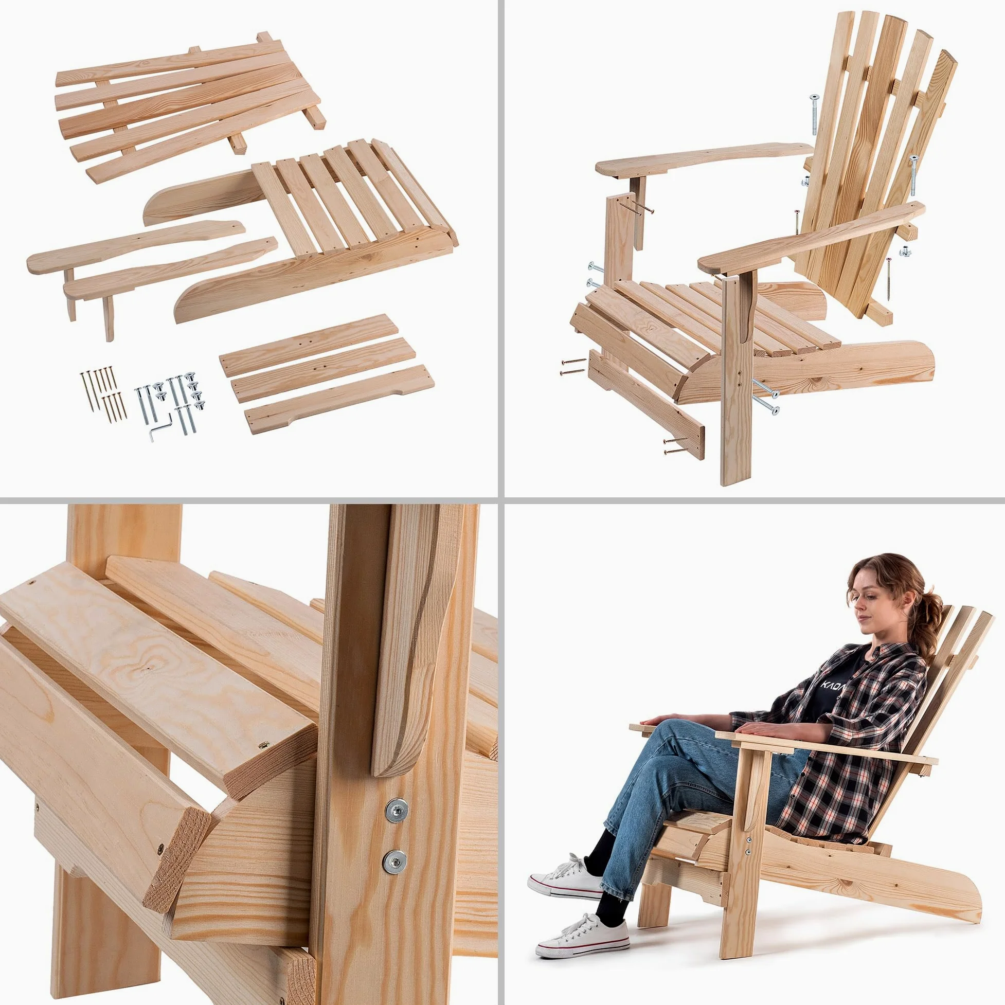 KADAX Silla de Jardín Adirondack de Madera, con Respaldo Alto y Reposabrazos, Silla de Relajación, para Exterior (Madera Natural)