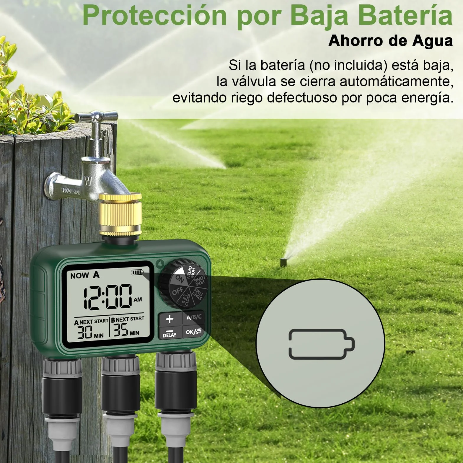Programador Riego 3 Salidas con Entrada de Latón, Pantalla LCD Grande, Temporizador de Riego Automatico con Retraso por Lluvia, Riego Automático/Manual, Programador de Riego para Jardín Césped