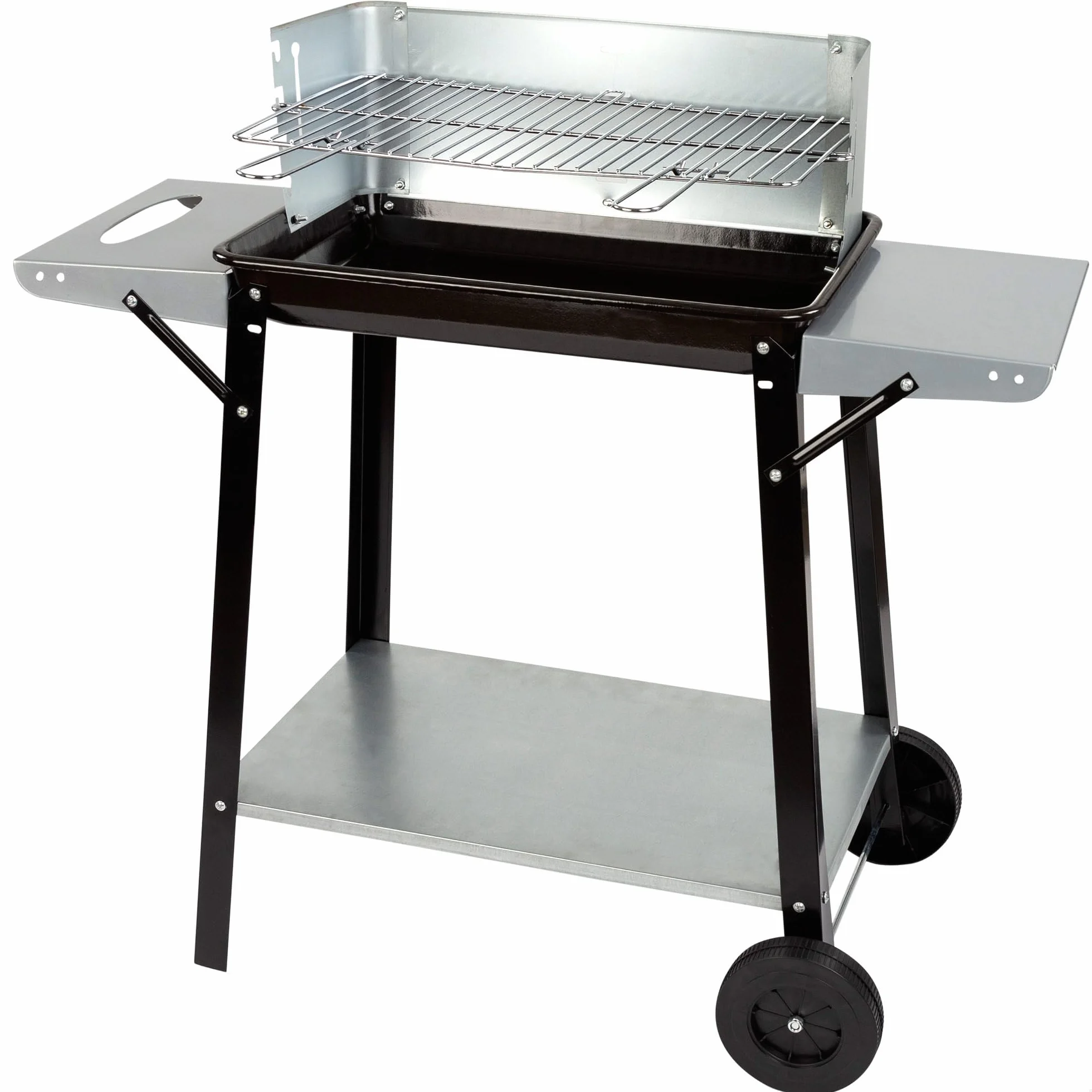 Aktive 52973 - Barbacoa carbón y leña 90x32x85 cm con control de temperatura y dos mangos extraíbles, 4 alturas regulables, 2 ruedas y asa de transporte, Fácil y rápida de montar