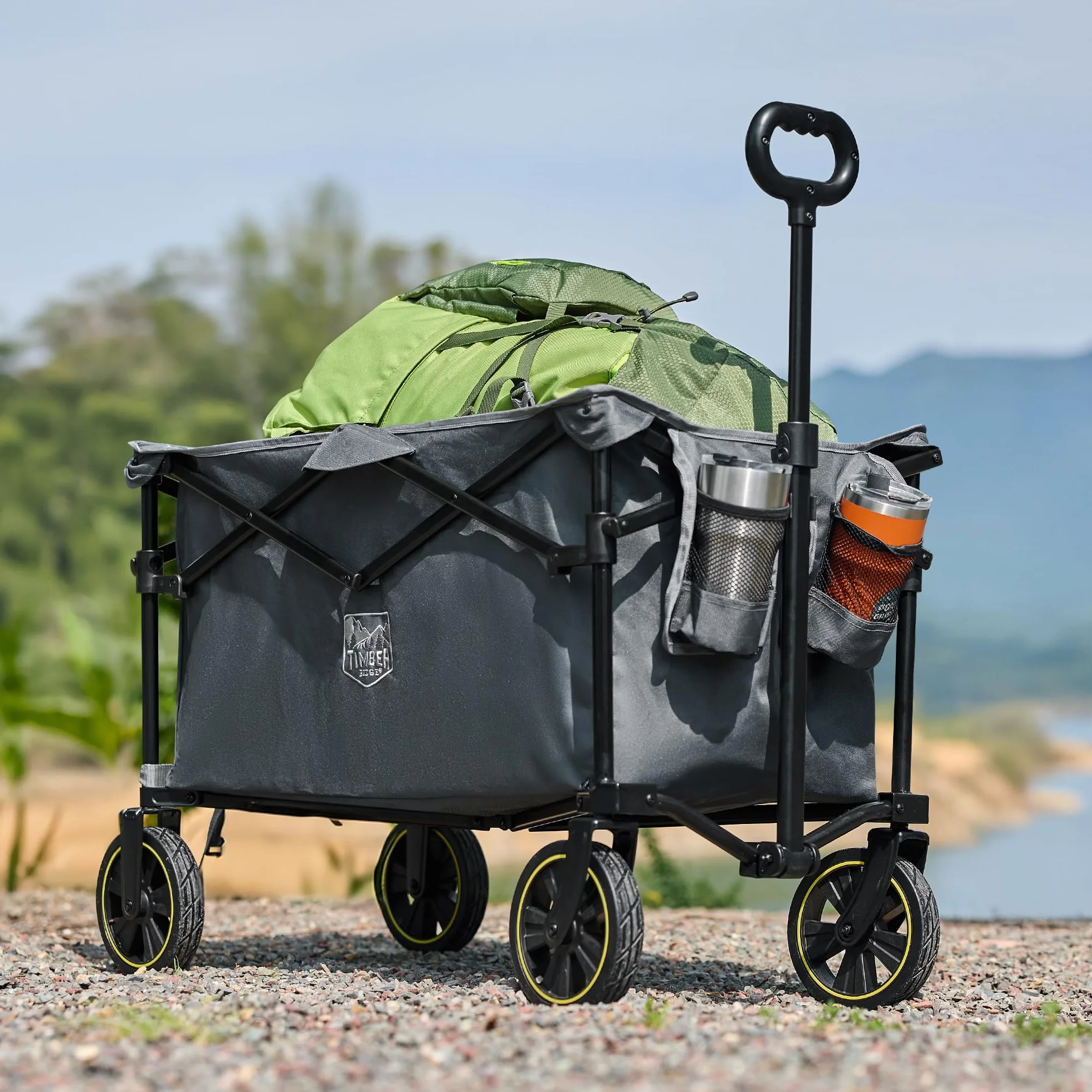 TIMBER RIDGE Carro Camping Plegable 200L con Portavasos Mango Ajustable Carro de Jardín para Todos los Terrenos Al Aire Libre Camping Compras Pesca Carga MAX 150kg
