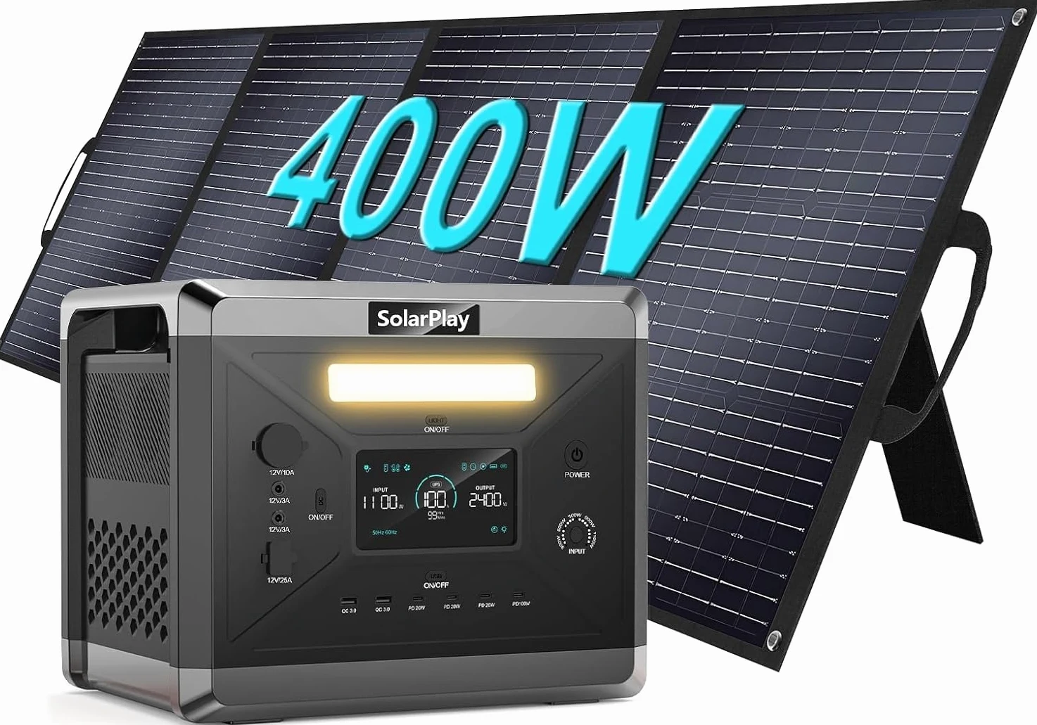 Estación de Energía Portátil SolarPlay Q2501, 2160Wh Batería LiFeP04, 100W USB-CSalida(12 puertos), Carga Completa Rápida 2h vía, Generador Solar para Exteriores, Camping, Emergencia (2400w+400w)