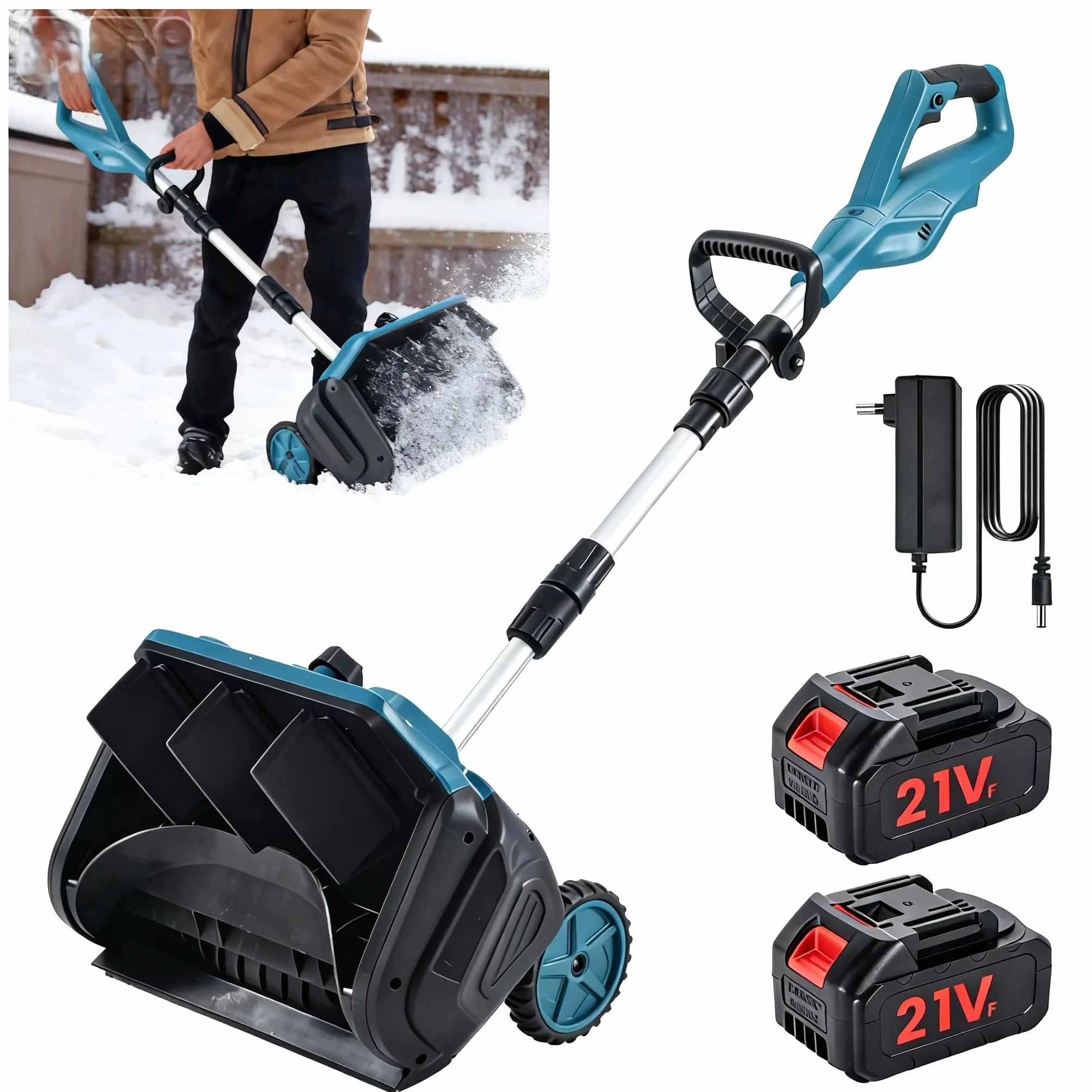 Soplador de nieve eléctrico con 2 baterías, distancia de expulsión 6 m, 3 direcciones de salida, quitanieves plegable con varilla telescópica, quitanieves inalámbrico para jardín patio de carretera (2