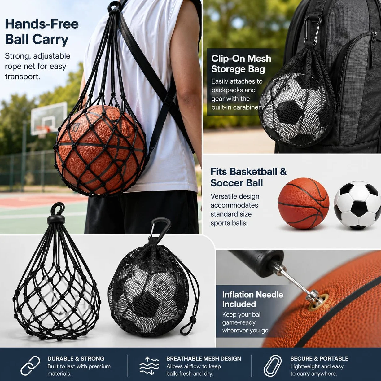 Bolsas de Red para Balones con Cordón y Gancho, Mochilas Portátiles para Baloncesto, Fútbol, Voleibol y Rugby, con Aguja de Inflado