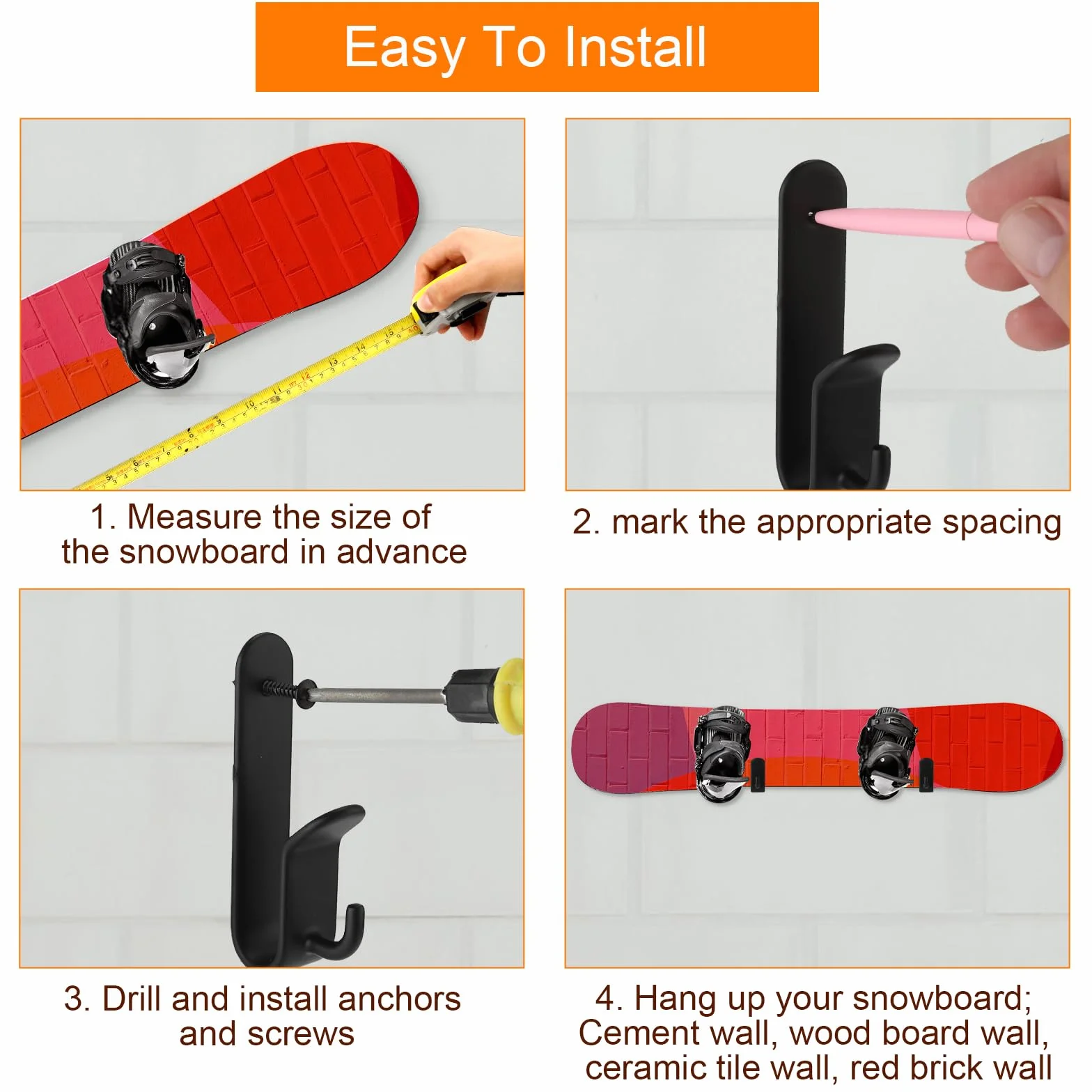 PEUTIER Soporte de Pared para Snowboard Horizontal, Estante de Exhibición de Acero Fuerte, Montaje de Pared para Snowboard, Tabla de Esquí, Longboard (Negro)