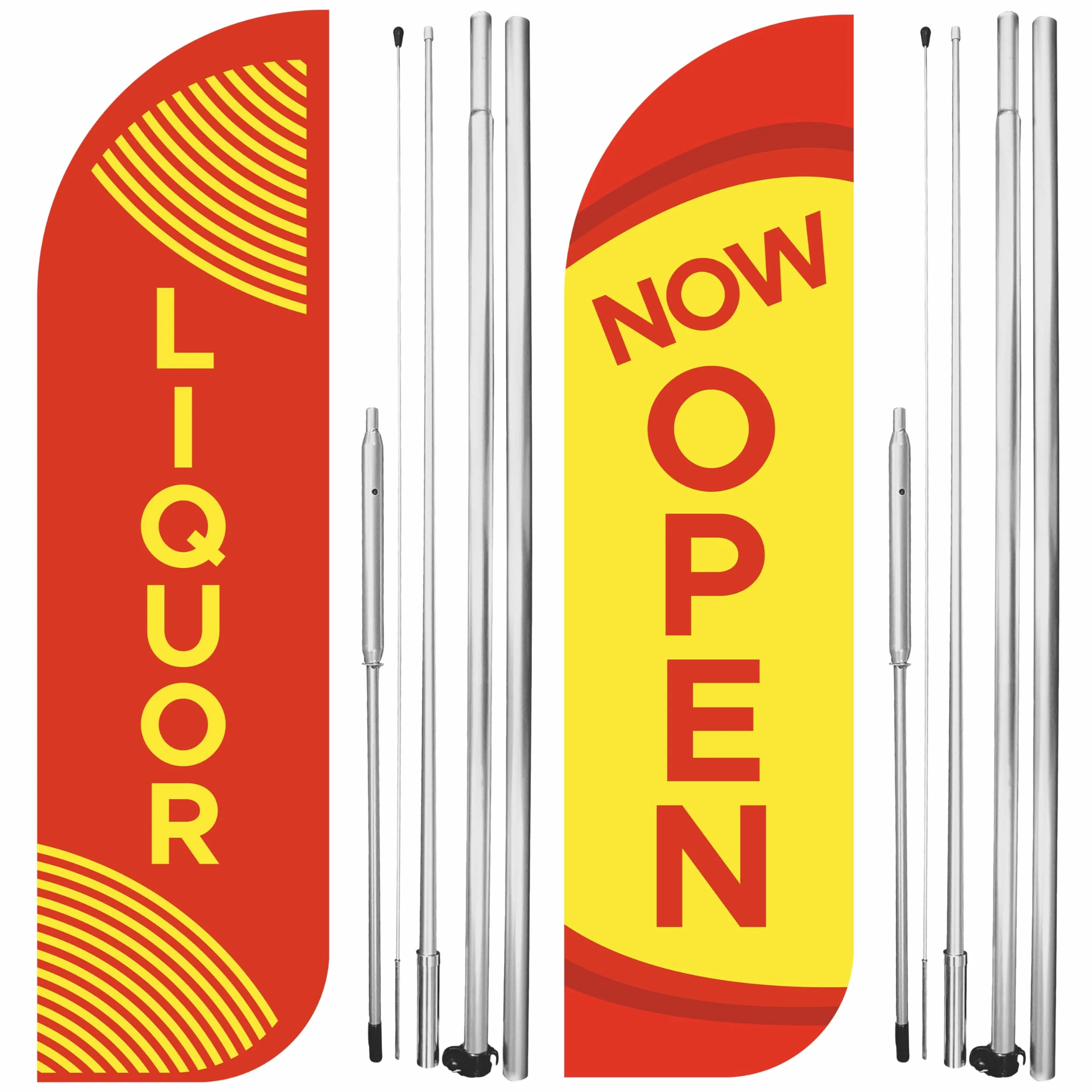 Liquor Now Open King - Juego de 2 carteles de bandera sin viento con poste híbrido completo