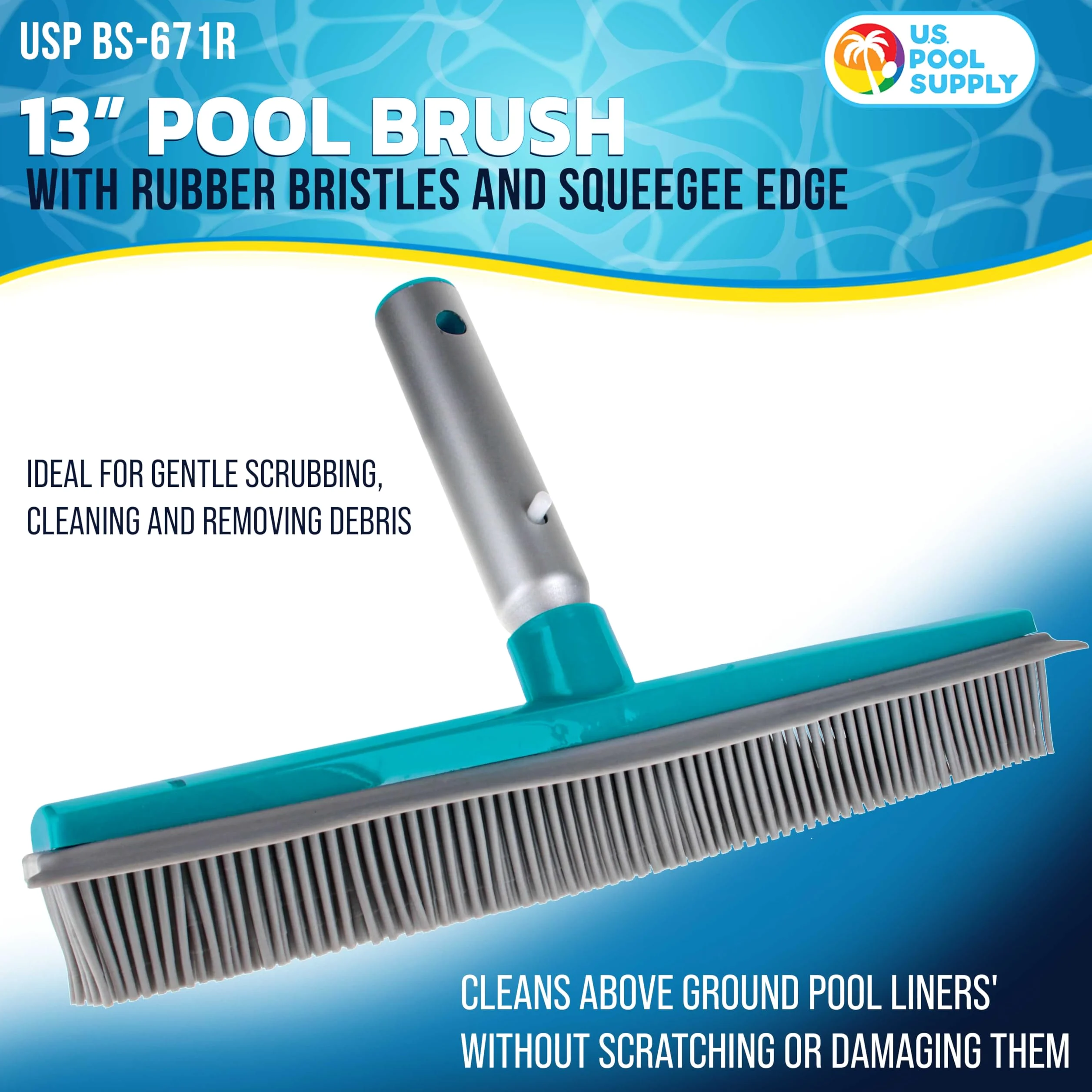 U.S. Pool Supply Cepillo de piscina de 13 pulgadas con cerdas de goma y borde de escobilla de goma, seguro para revestimientos de vinilo, ideal para piscinas sobre el suelo, mango de poste de aluminio