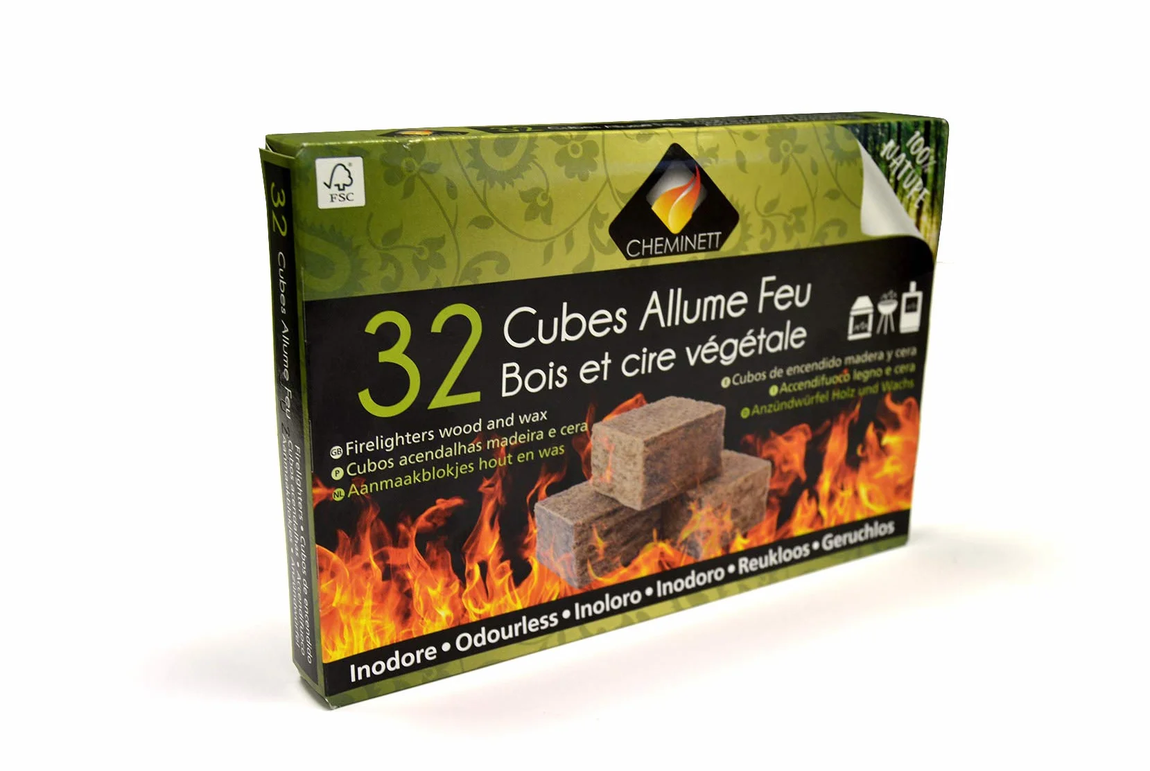 15751-32 Cubos Encendido precortados Cheminett naturales para encender chimeneas, estufas y barbacoas